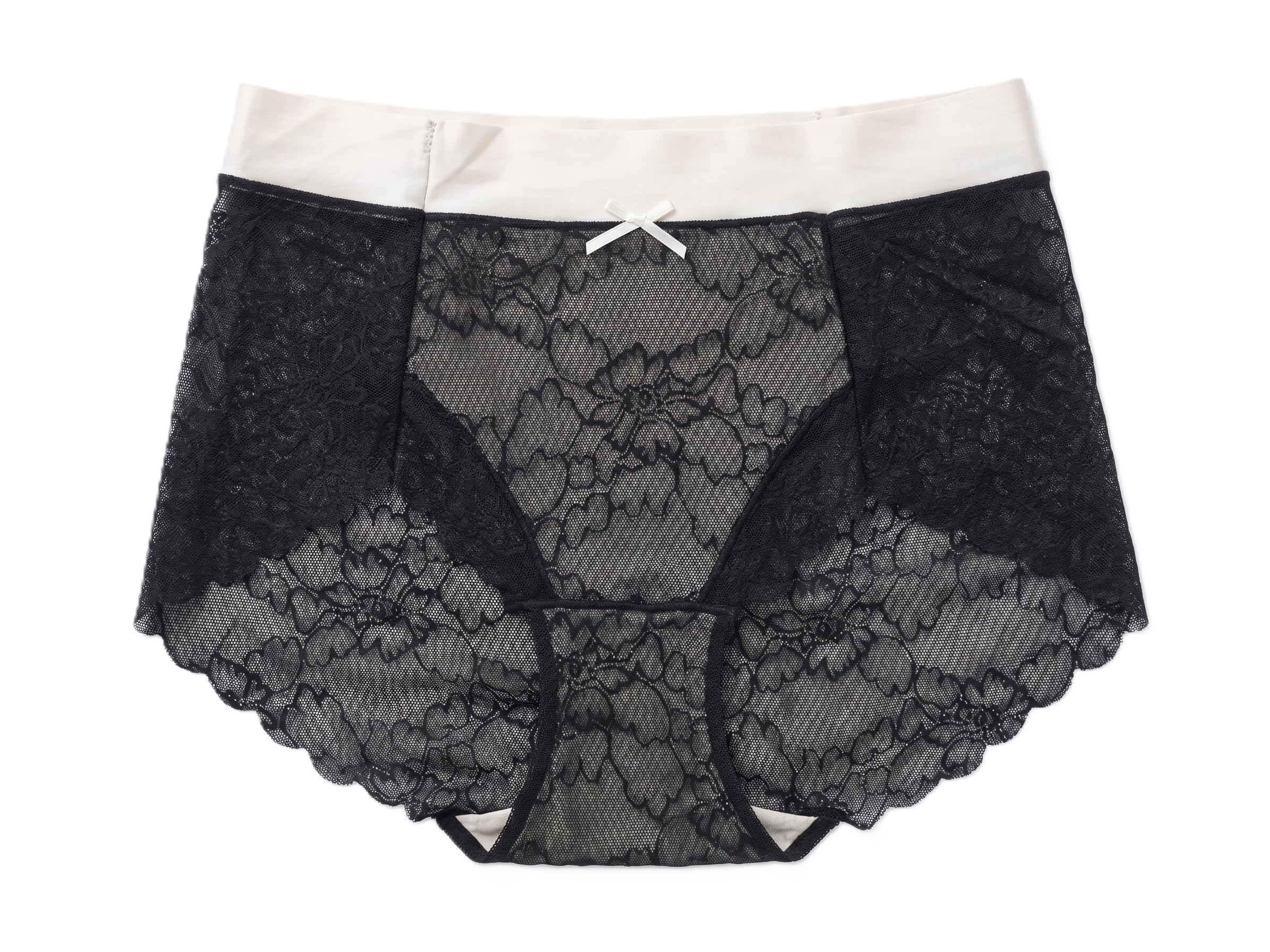 Women's Black Floral Lace Boyshort Panty with Satin Waistband and Bow Detail-picture-52
