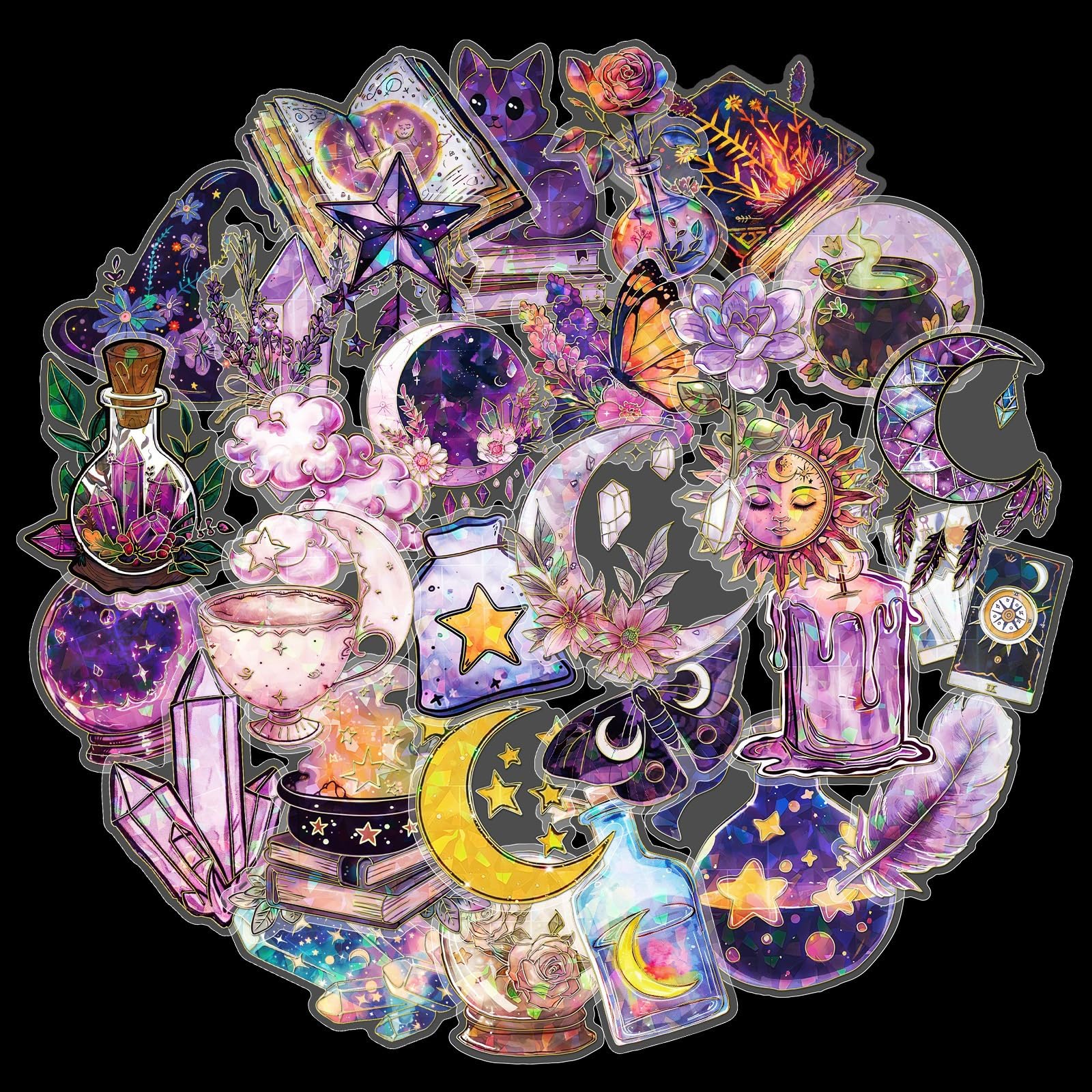 Phiomuue Magic-02 30Pcs Witchy Stickers, Magic Holographic Stickers, Transparent Art Stickers For Scrapbooking, Journals, Notebooks, Stationery,Witchy Gifts (Magic-02)