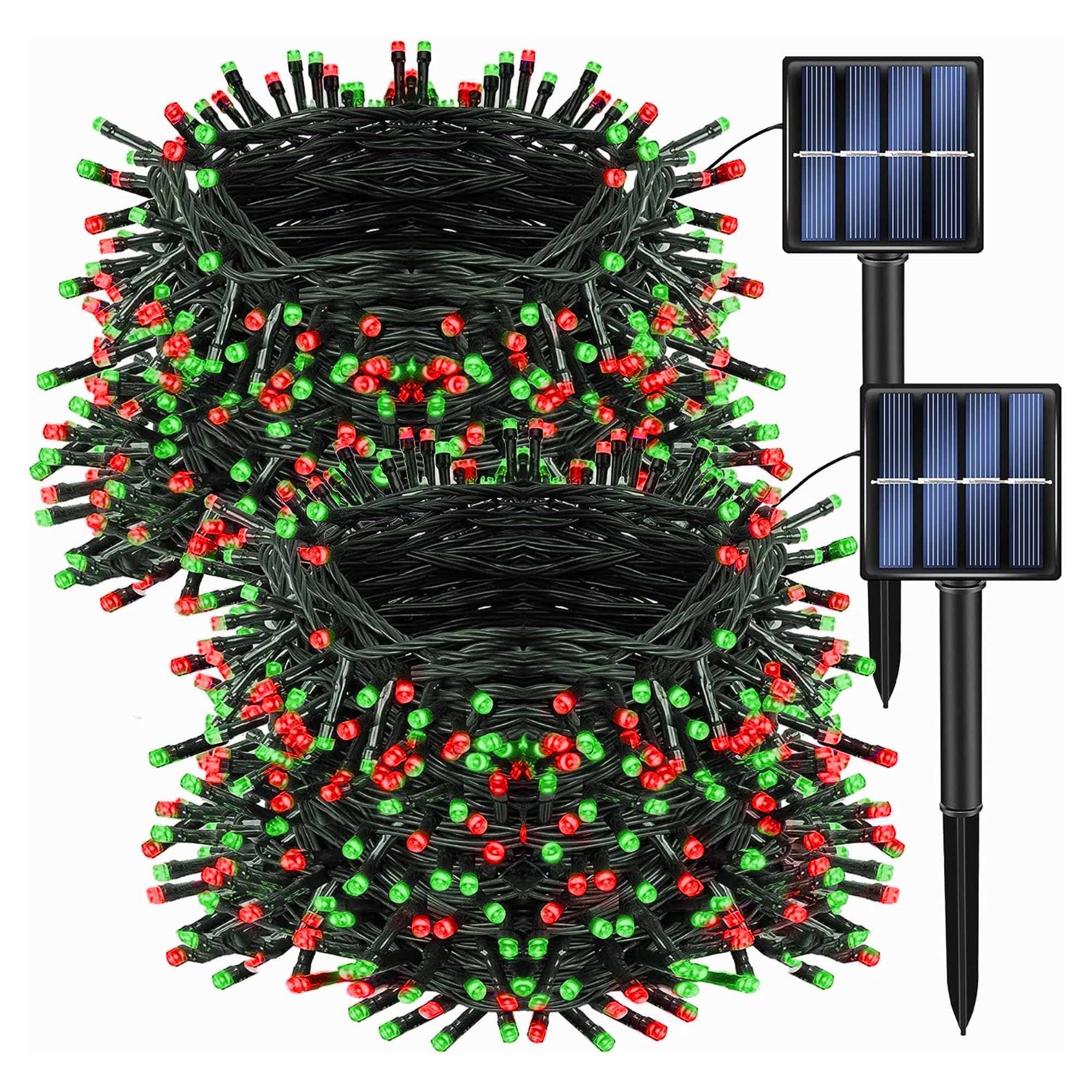 Dazzle Bright2 Pack 200 LED 66 FT Red and Green Christmas Solar String Outdoor Lights, Solar Powered with 8 Modes Waterproof Fairy Lights for Bedroom Patio Garden Tree Party Yard Decoration