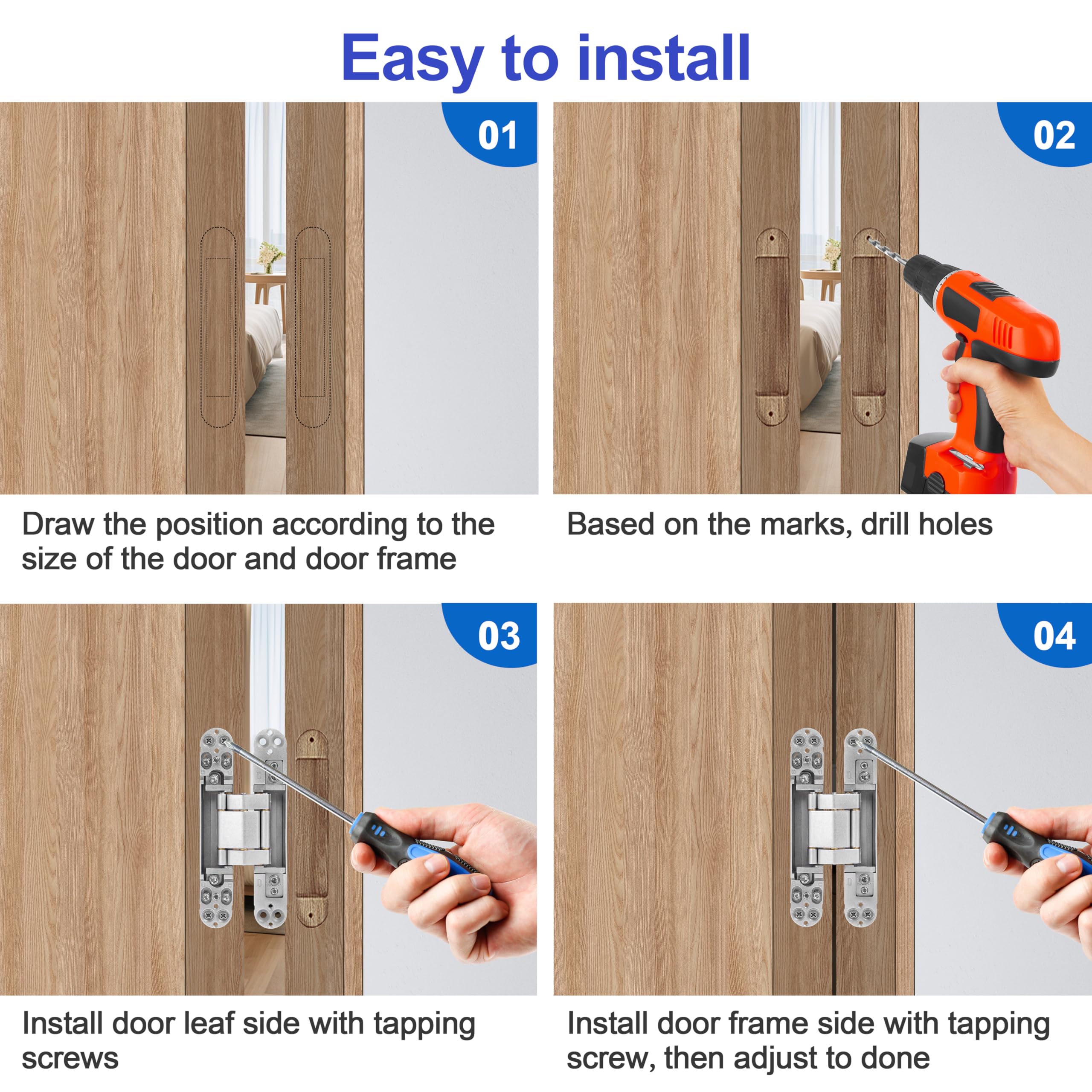 Bisagras de puerta ocultas (2 piezas) - Bisagras invisibles para puertas, bisagras ocultas de giro de 180 grados, bisagras ajustables de 3 vías y resistentes (plata, 6 pulgadas)