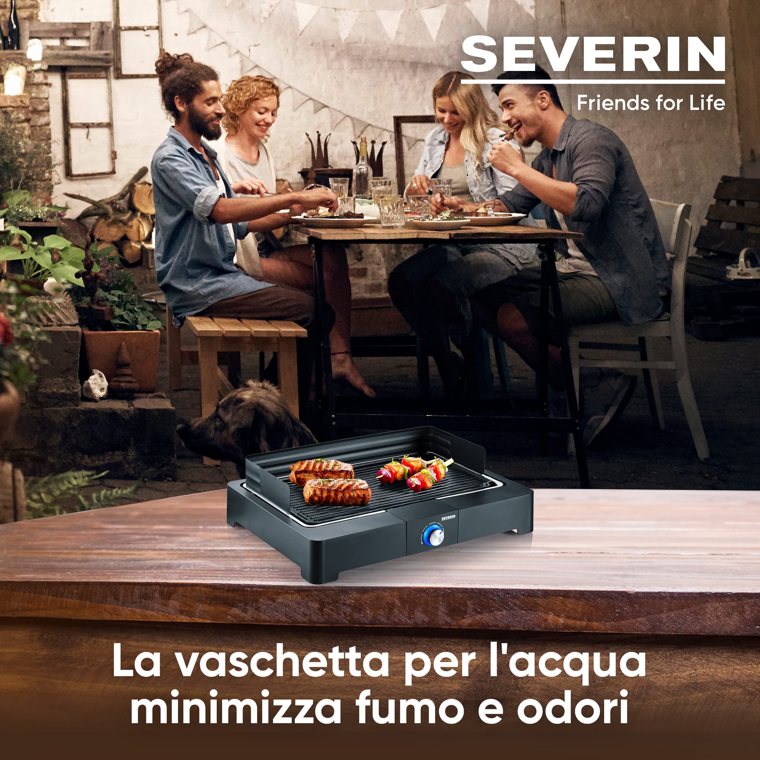 SEVERIN PG 8562 Barbecue elettrico 2200 Watt in alluminio, Grill elettrico per interni ed esterni con LED, Griglia da tavolo o balcone che non provoca fumo e odori
