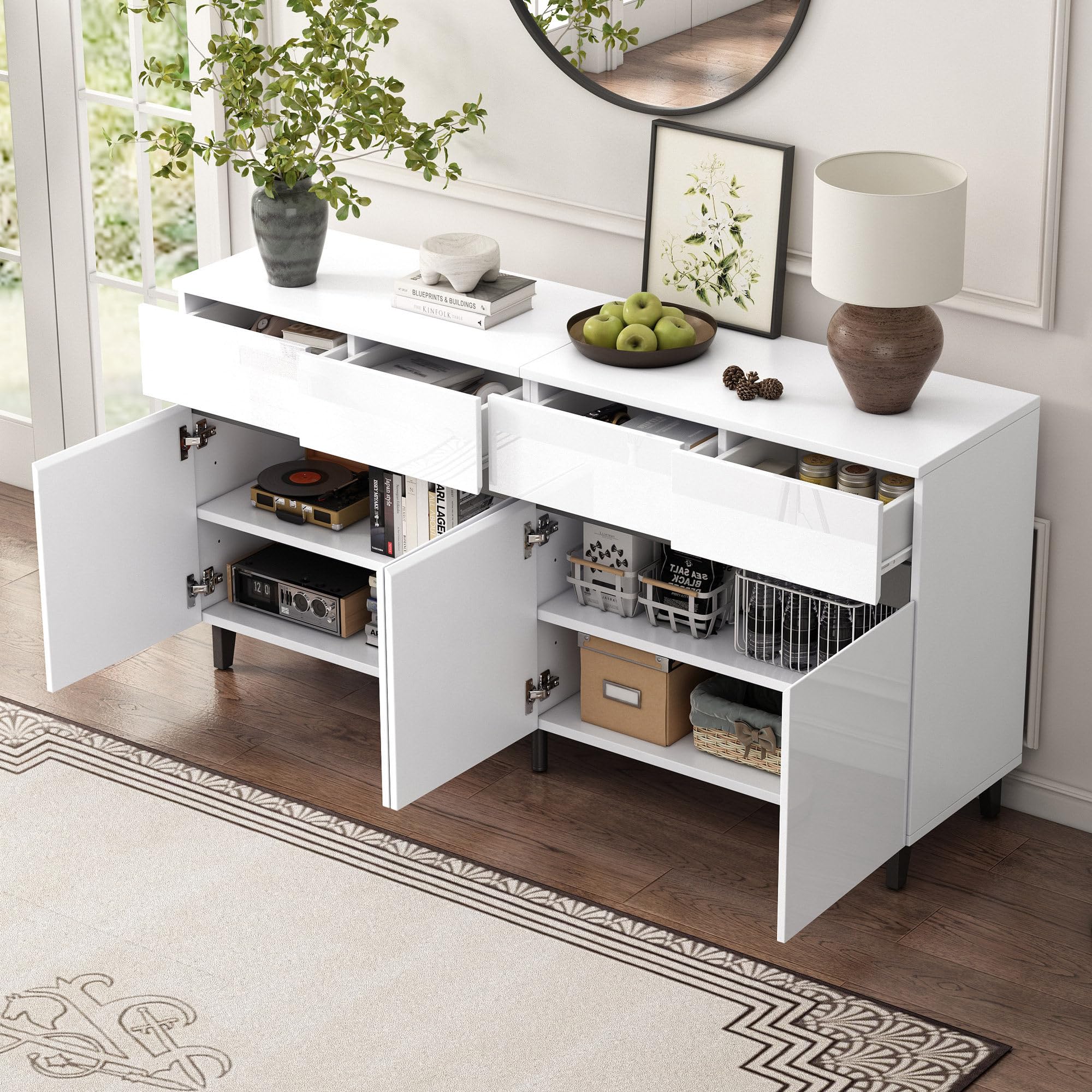 Credenza Moderna Con Gambe E Maniglie Dorate, 2 Ripiani E 6 Scomparti 127b 45t 75h Bianco 89012588