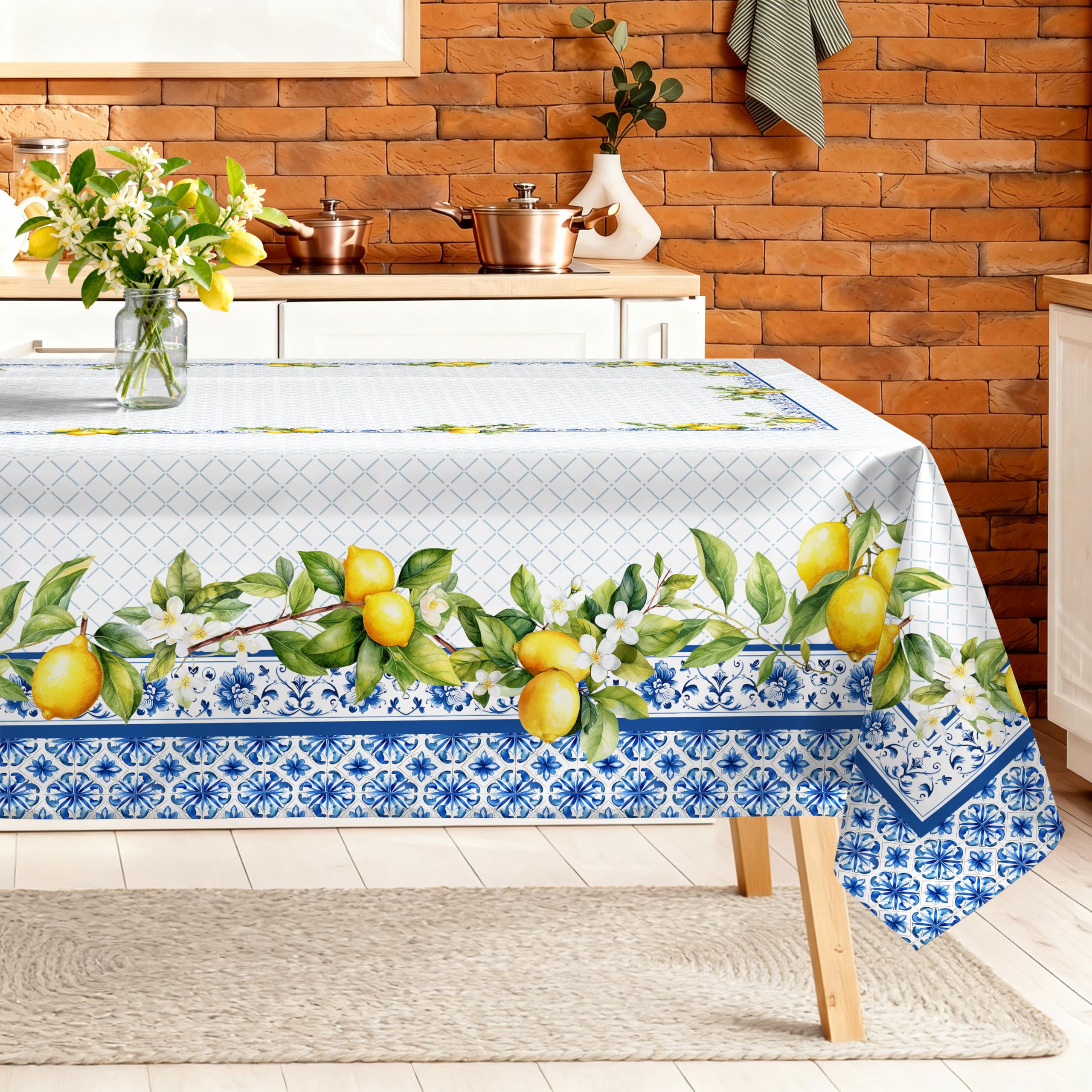Mantel RectáNgulo Azul LimóN, Mantel de Tela Impermeable Antimanchas Lavable Duradera Poliéster para Cocina Comedor Fiestas Primavera Verano(152x304cm)