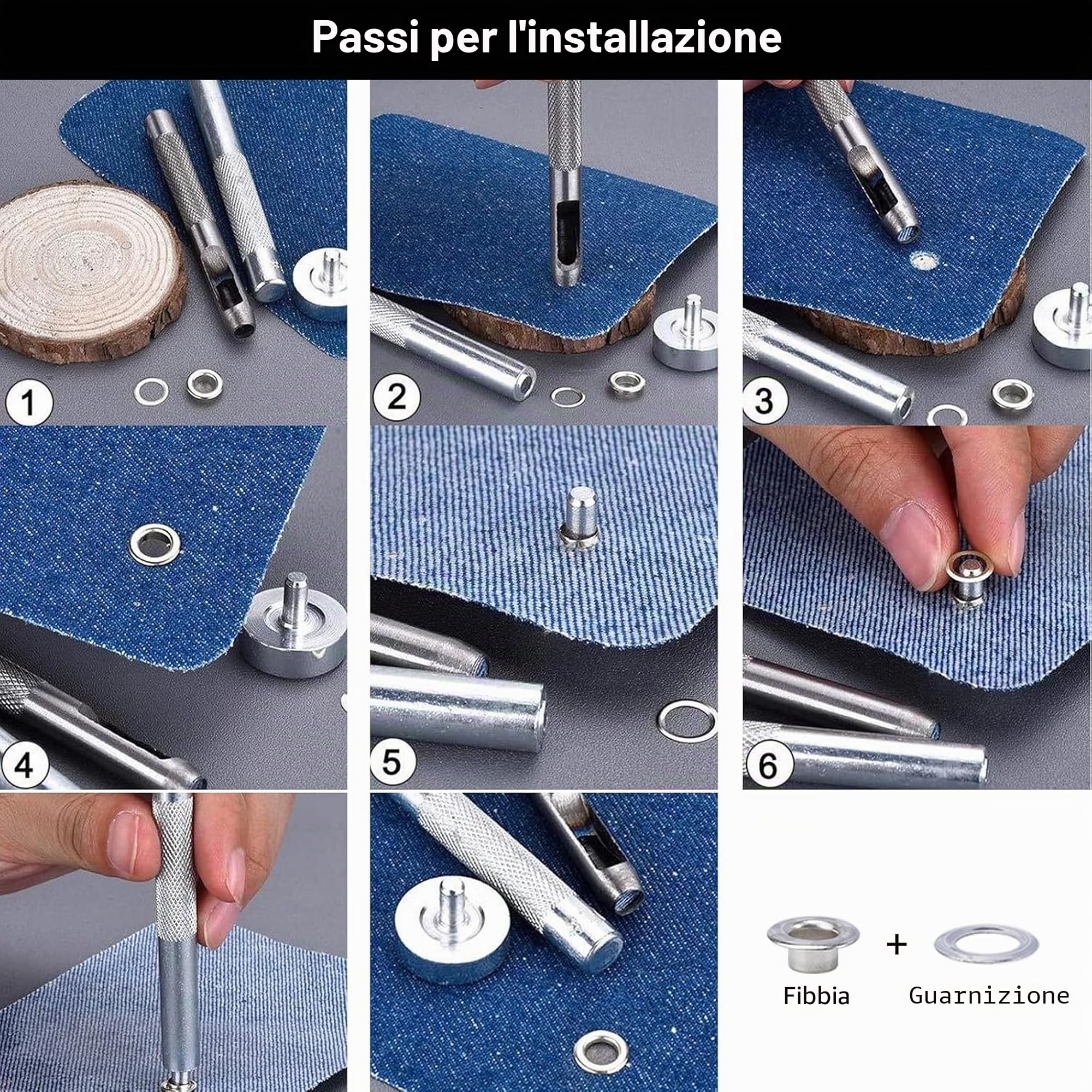 100 Set Pinze Occhielli 4mm, Metallo + Strumento Stampaggio, Compatibile Tela Cerata, Copriscarpe, Tende, Rivetti, Ideale Fai-da-Te, Artigianato