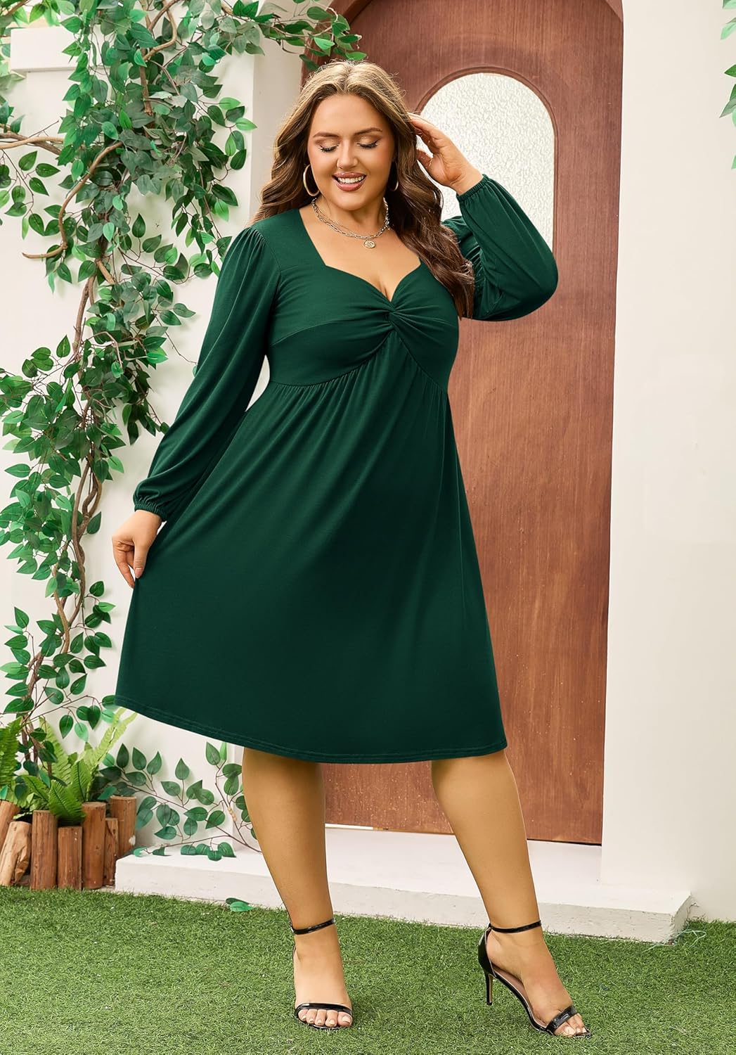 AMCLOS Women's Plus Size Square with Deep V Neck Sexy Flowy Dress Twist Knot Front 2 Pockets Long Sleeve Casual Party Work - Image 5