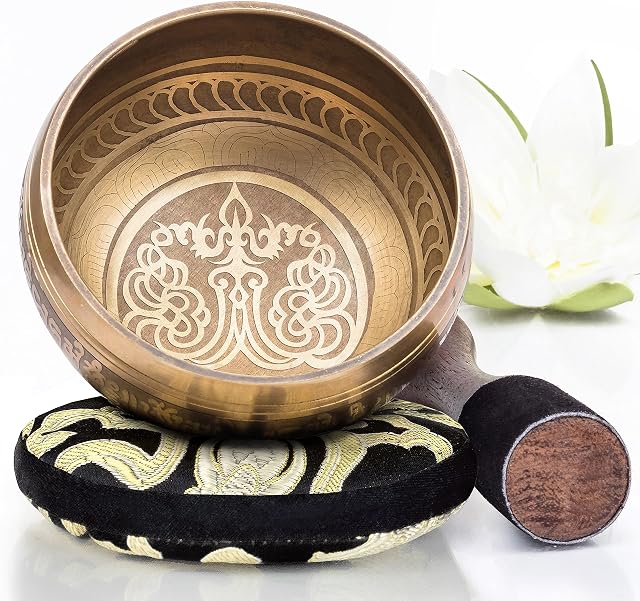 Tibetan Singing Bowl Set ~ Easy to Play with New Dual-End Striker & Cushion ~ Creates Beautiful Sound for Holistic Healing, Meditation & Relaxation ~ Peace Pattern ~ Gold Bowl with Black Pillow