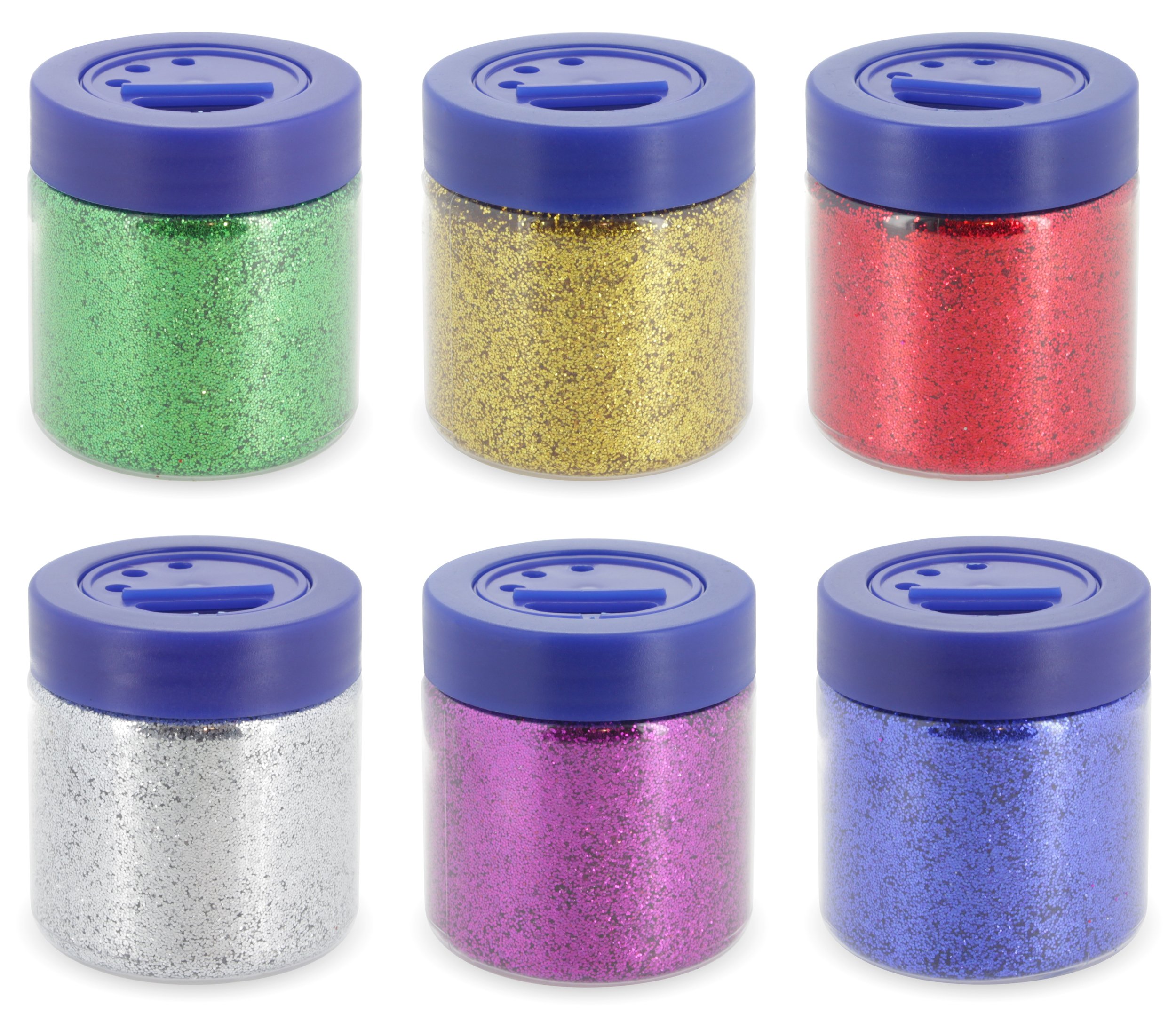 Emraw Primary Color - Blue, Green, Purple, Silver, Gold & Red 2 Oz. (56.6g) Glitter Shakers for Crafts, Projects & Decorations (6 Pack)