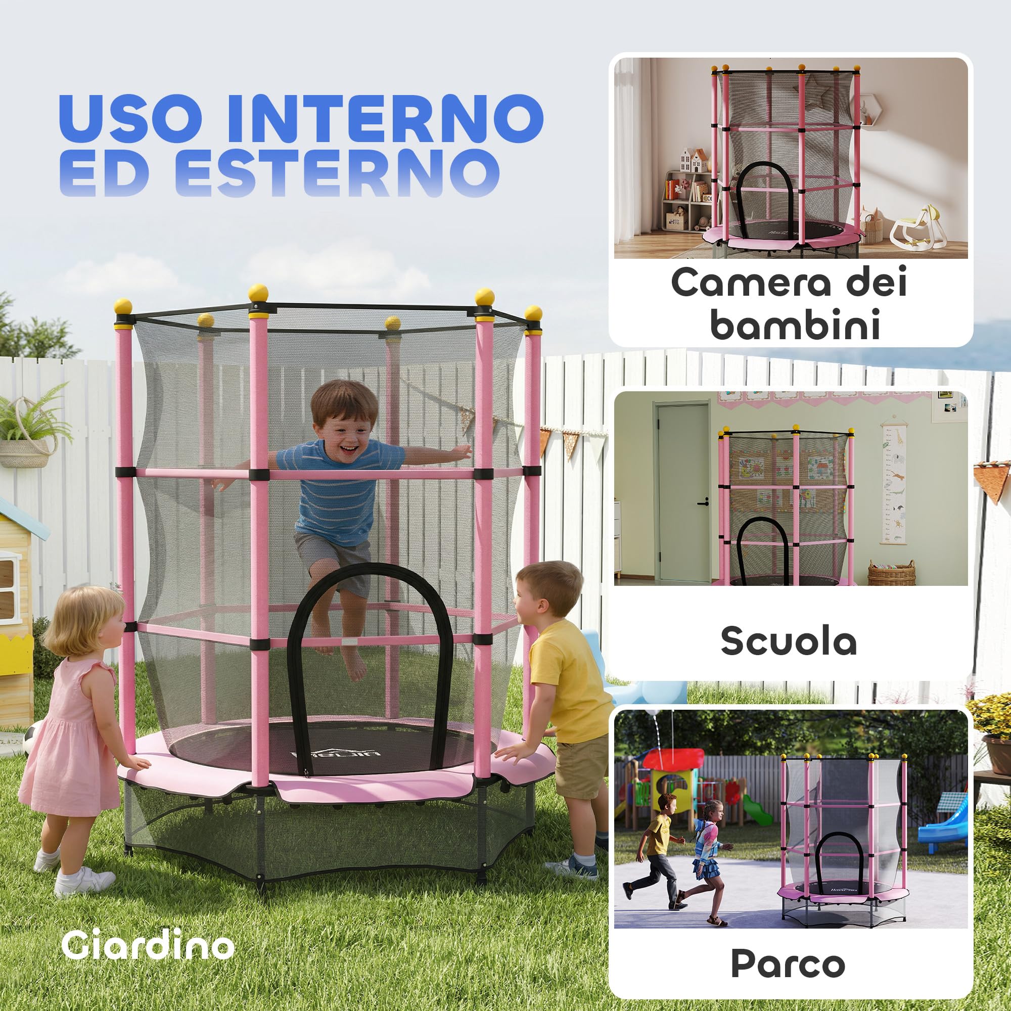 HOMCOM Trampolino Elastico per Bambini con Rete di Sicurezza e Pali Imbottiti, Tappeto Elastico Bambini in Acciaio per Interno ed Esterno, Età 3-10 Anni, Ø140 x 190 cm