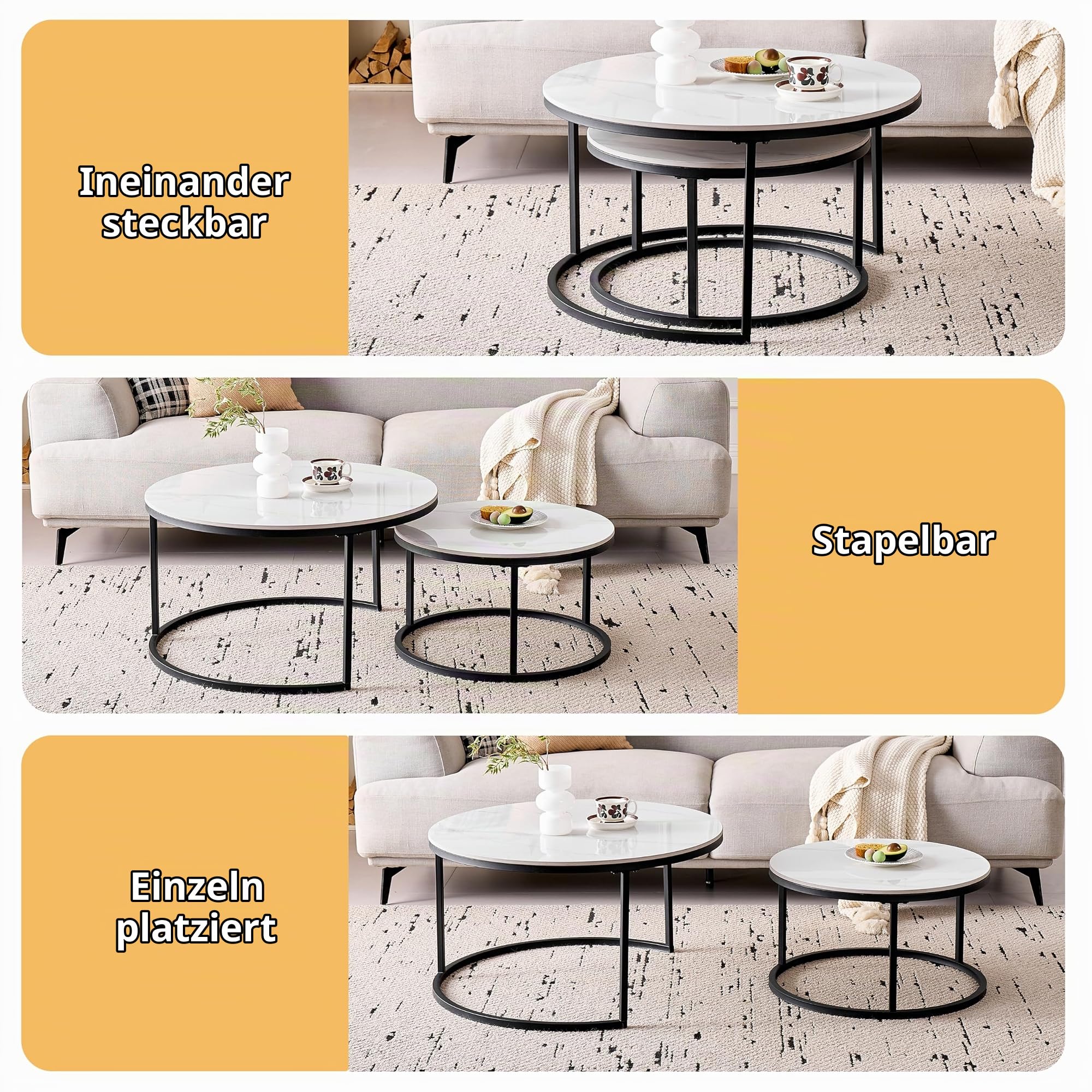 2er-Set Marmor-Couchtische mit Weißer Marmorplatte und Schwarzem Metallgestell, Moderner Runder Beistelltisch fürs Wohnzimmer – 80 x 80 x 45 cm