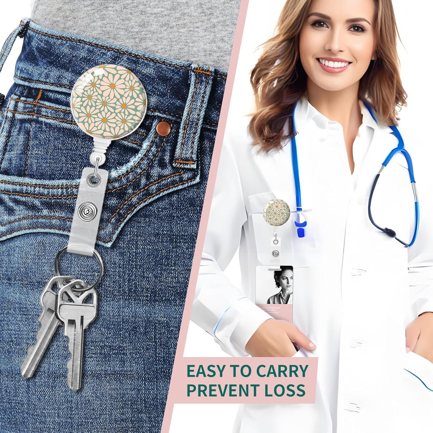 2 Pack Retractable Badge Holders with Clip, Cute ID Card Reels for Nurse, Doctor, Office Worker, Teacher(Green Floral) - Image 4