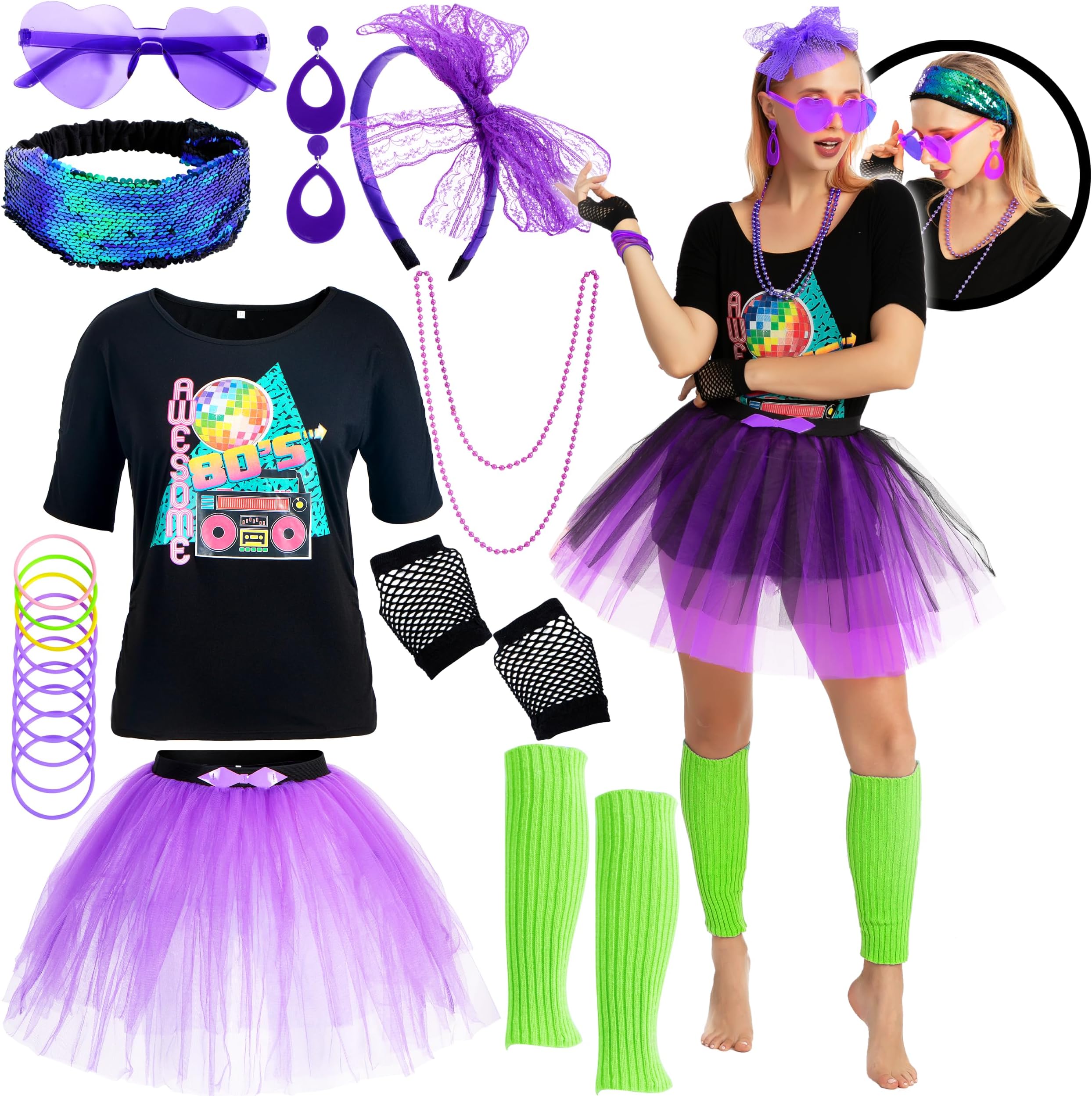 Spooktacular CreationsPurple 80s Costume Set with T-Shirt Tutu Headband & Other Halloween Cosplay Accessories