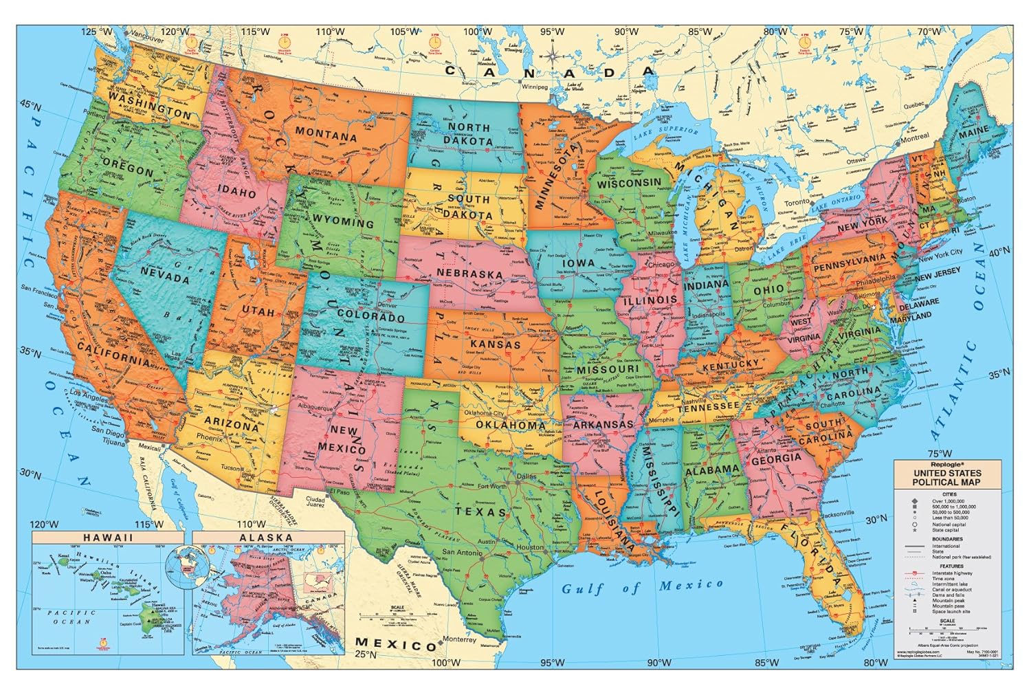 Replogle (49"W x 33"H) Wall map set- Laminated USA and Laminated WORLD map, made in USA.