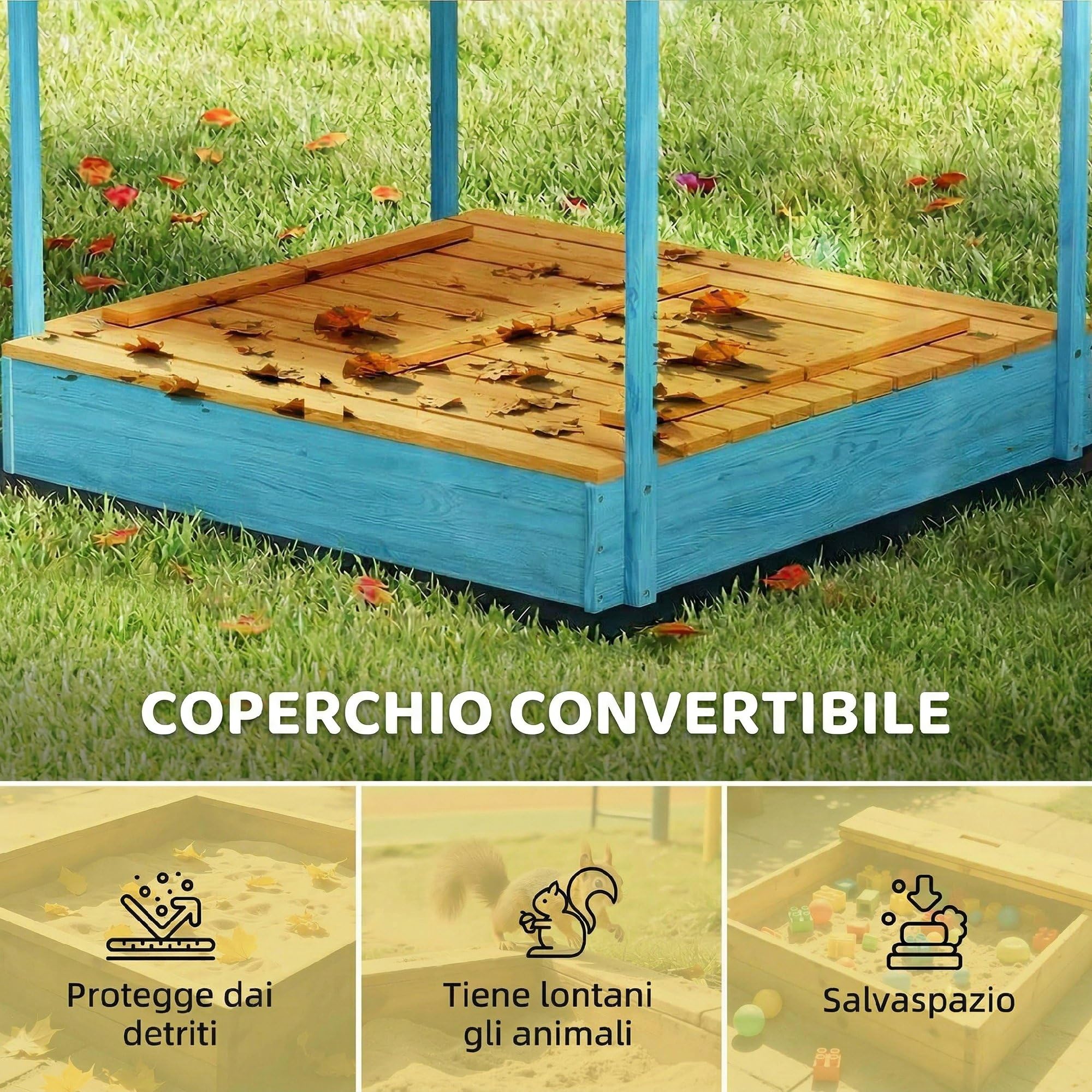 AIYAPLAY Sabbiera per Bambini 3-6 Anni con Tettuccio Dinosauri, Sedute Pieghevoli, Coperchio e Fodera Inclusa, Sabbionaia per Bambini in Legno di Abete, 134.5x127.5x130 cm, Blu