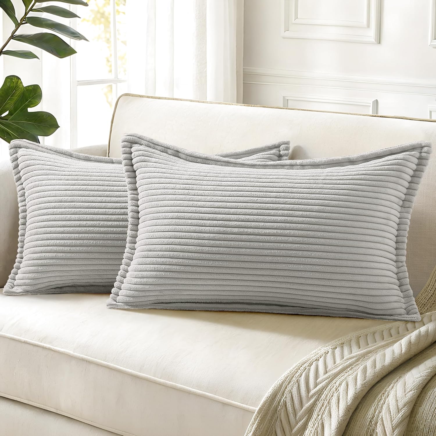 decorUhome Spring Corduroy Grey Throw Pillow Covers 12x20 Set of 2 Decorative Soft Boho Farmhouse Lumbar Couch Pillow Covers for Living Room Bed Sofa Broadside Striped Pillow Cases