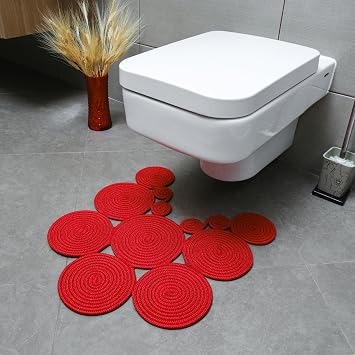 Bohemian Style Jute Toilet Front Mat - Natural Jute, Washable and Durable Carpet, Style and Decorative Bath Mat Red