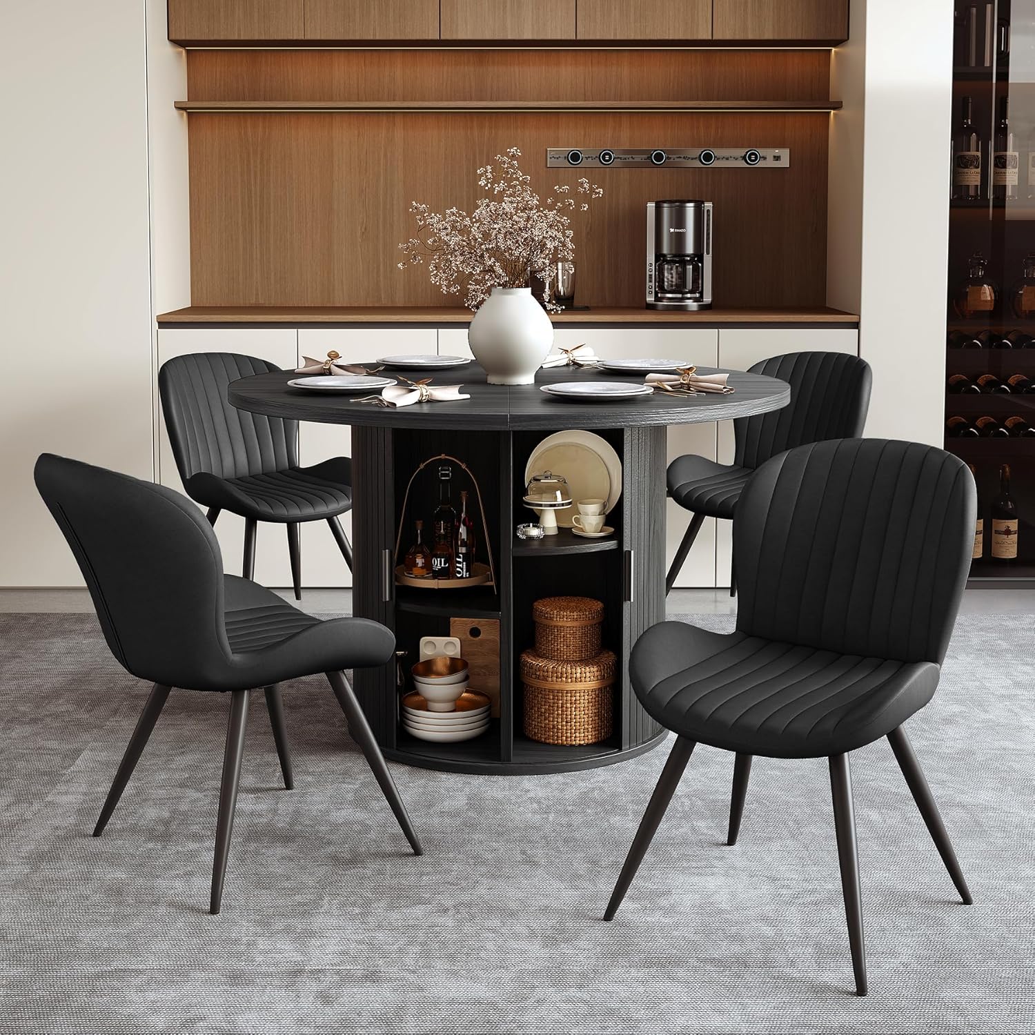 Miereirl Modern Round Wooden Dining Table and Chair Set,Table with Semi-Open Storage Rack and Sliding Door, Dining Chairs Made of High-end Fabric, Warm Home Dining Room Combination