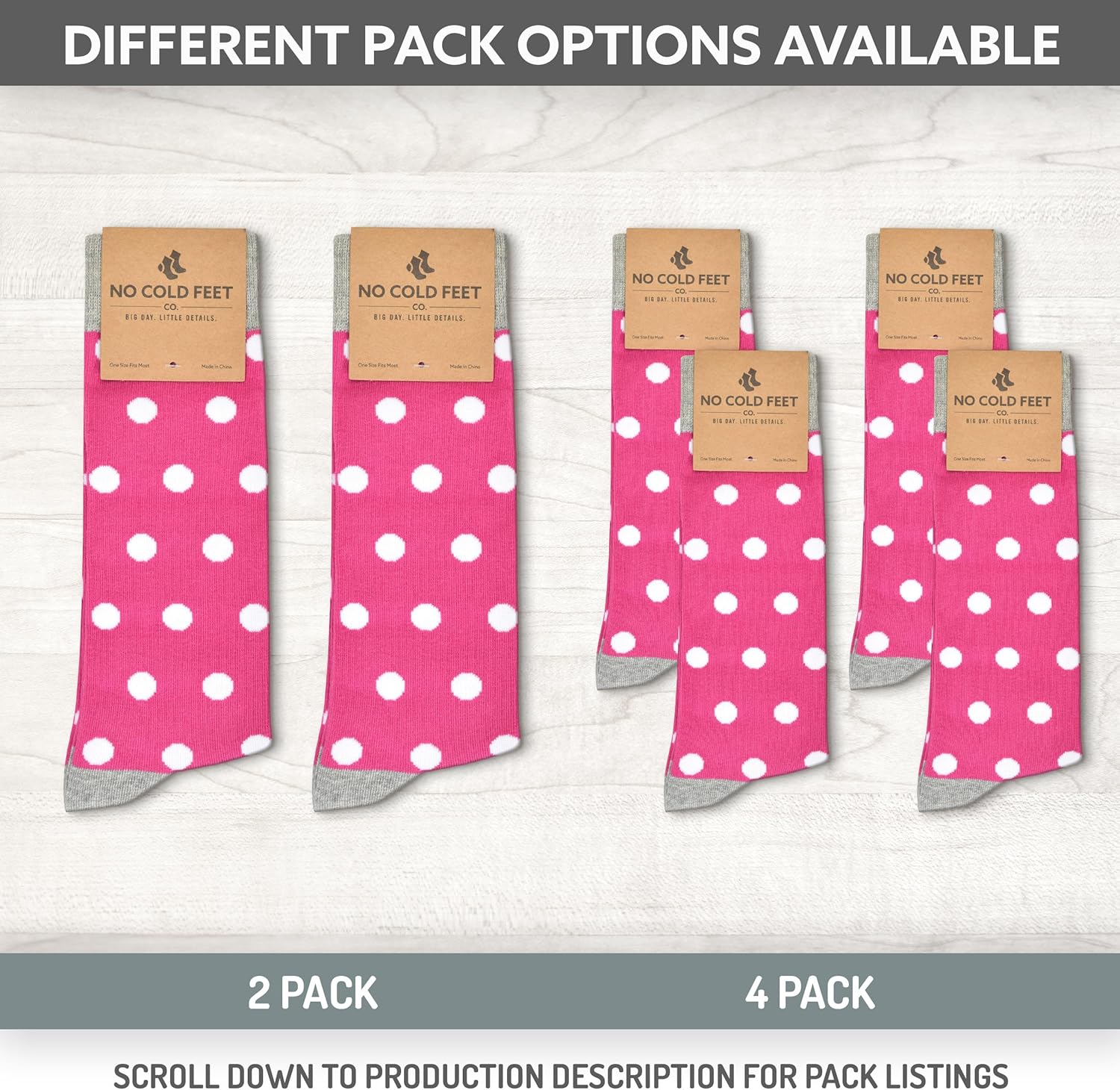 No Cold Feet Men’s Dress Socks, Fun Colorful Patterned, Mid-Calf, Cotton Blend, Fuchsia with White Polka Dots - Image 3