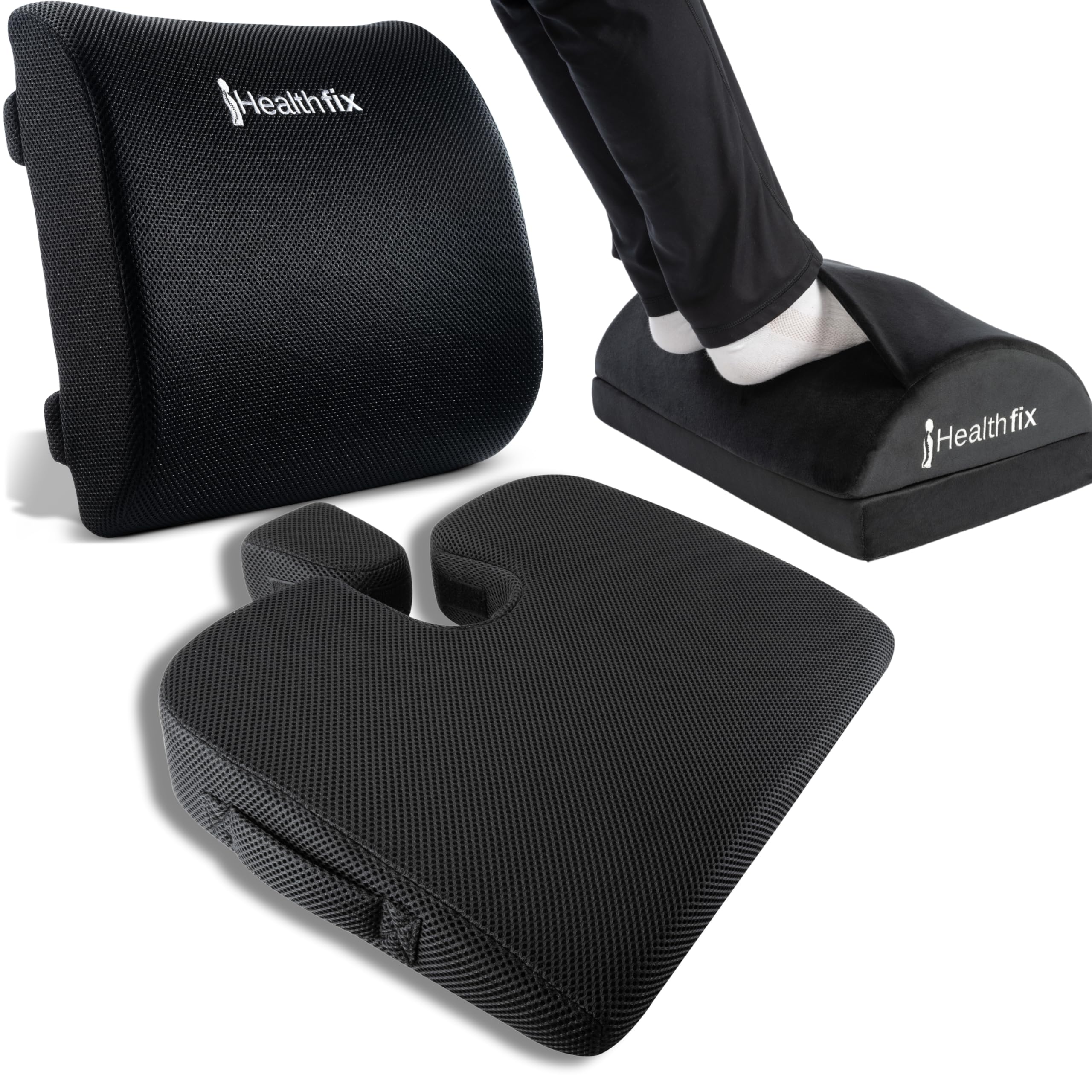 Healthfix® Paquete ergonómico compuesto de: cojín ergonómico en cuña, reposapiés y cojín lumbar | Ideal para la oficina y la oficina en casa | Mejora la postura sentada, alivia el dolor de asiento y