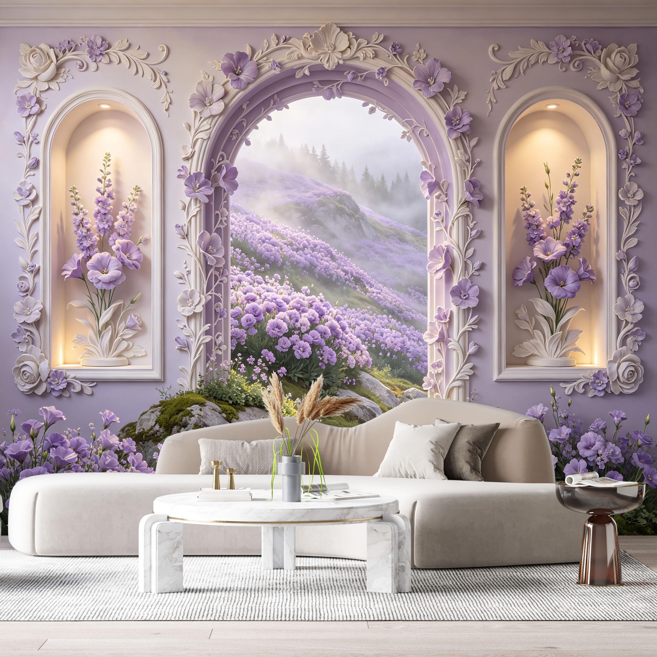 Custom Size Wall Murals Purple Floral Arch Landscape 3D Trompe L'Oeil SelfAdhesiveWall Fabric Removable Wallpaper Wall Decor for Living Room Bedroom Bathroom