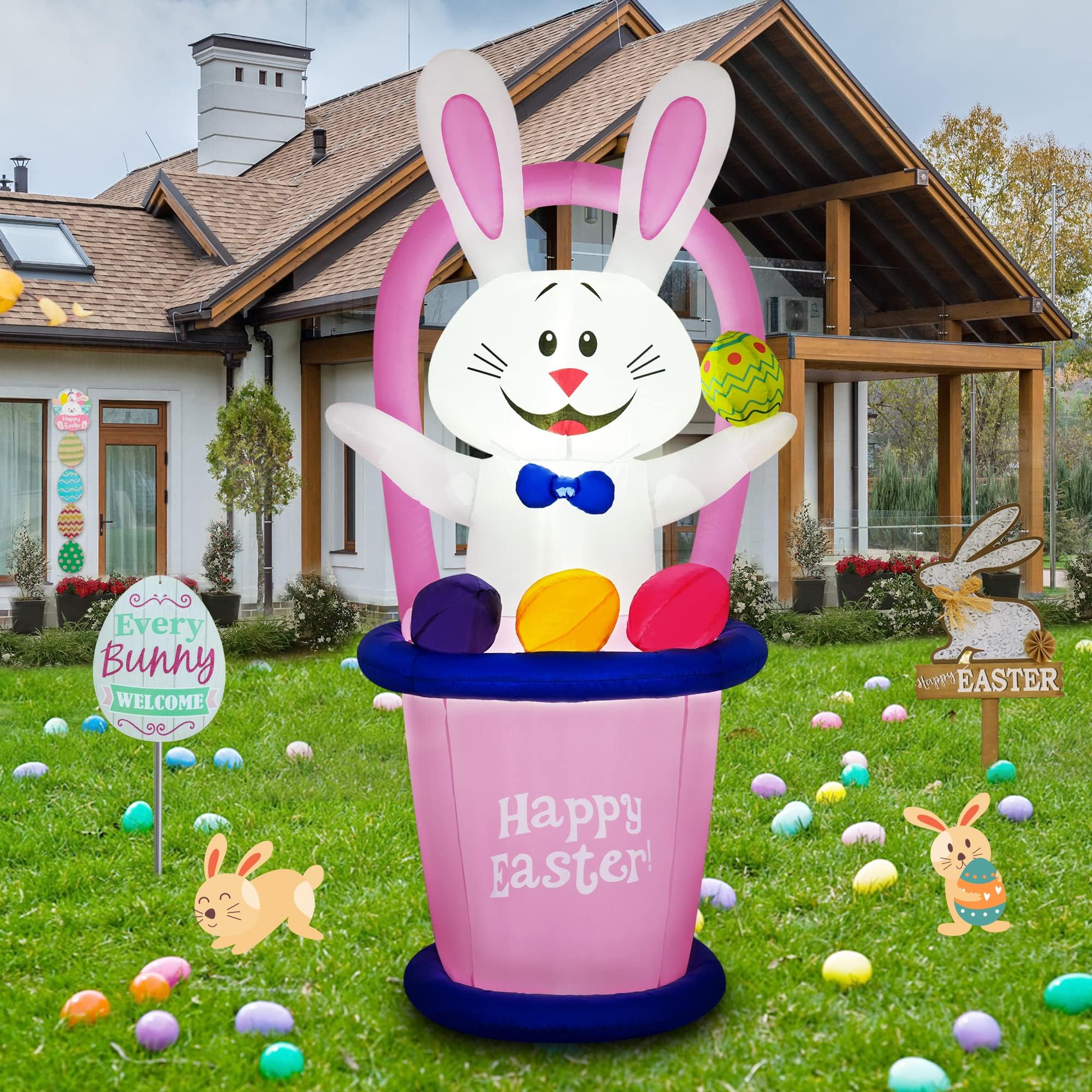 HOPOCO 7 FT Height Easter Inflatables Outdoor Decorations Bunny with Basket & Colorful Eggs - with LED Lights Built-in for Holiday/Party/Yard/Garden/Lawn