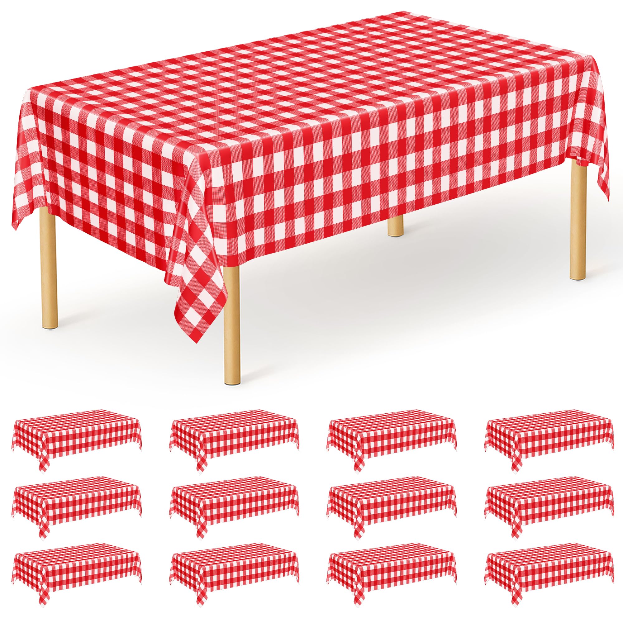 12Pack 54 x 108 Table Cloth Rectangle Table, Waterproof Plastic Table Cloth Ddisposable, Red and White Checkered Tablecloth Table Cover for Outdoor Picnic Birthday Party Gathering BBQ Holiday Dinner