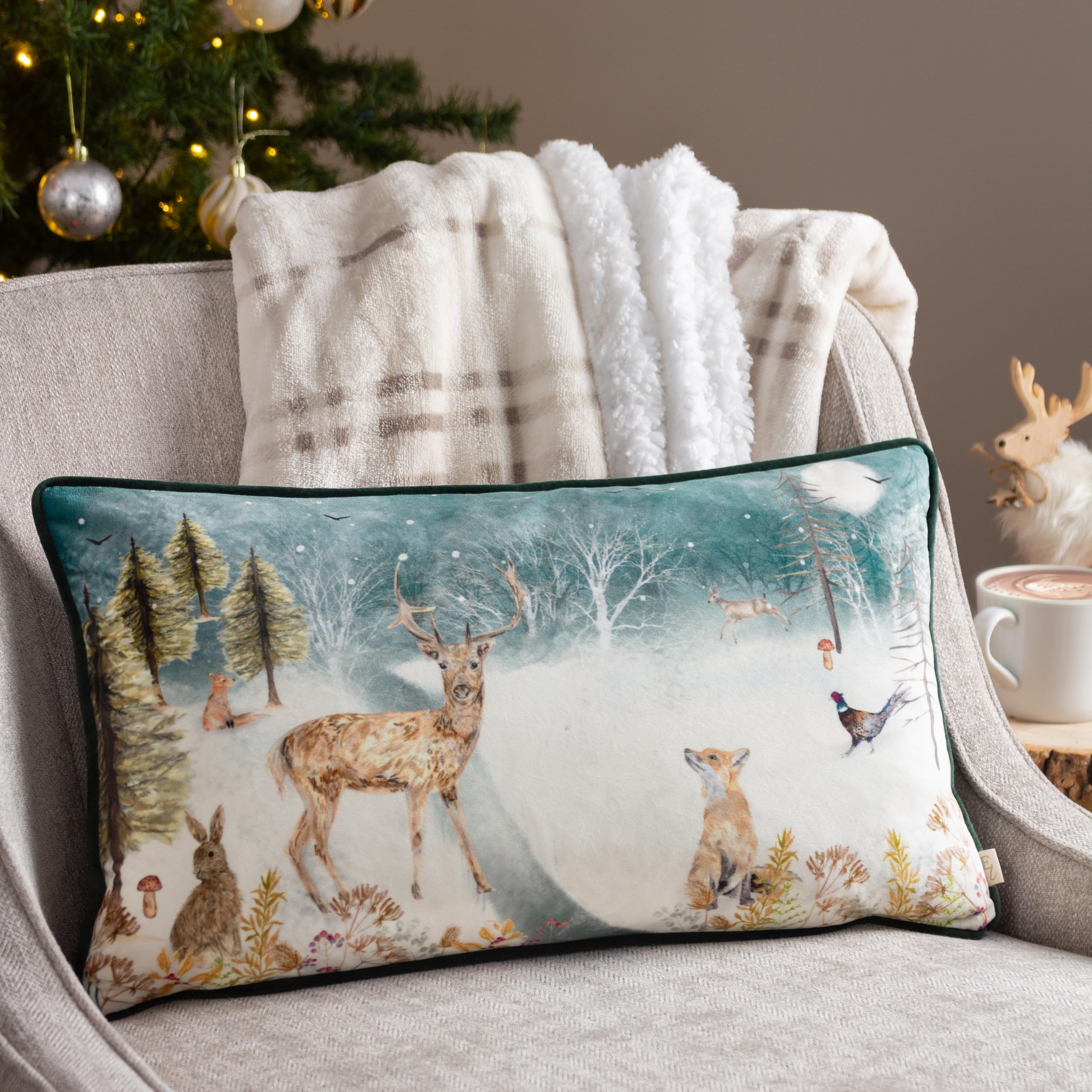 Evans Lichfield Stag Winter Velvet Piped Cushion Cover, 30 x 50 cm