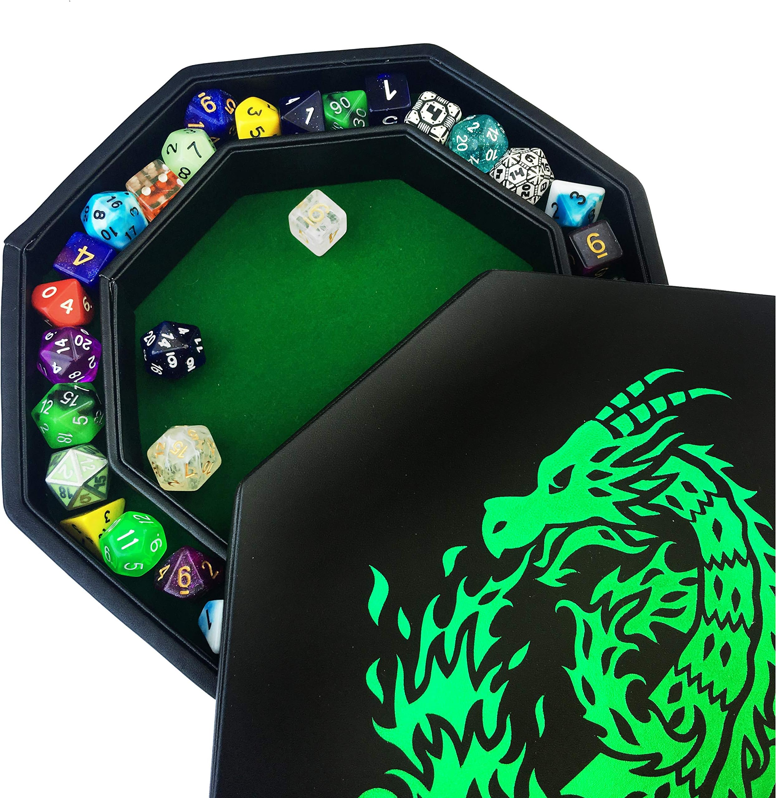 Fantasydice - Green - Fire Dragon - Dice Tray - 8" Octagon with Lid and Dice Staging Area- Holds 5 Sets of Dice(7 / Standard) for All Tabletop RPGs Like D&D , Call of Cthulhu, Shadowrun.