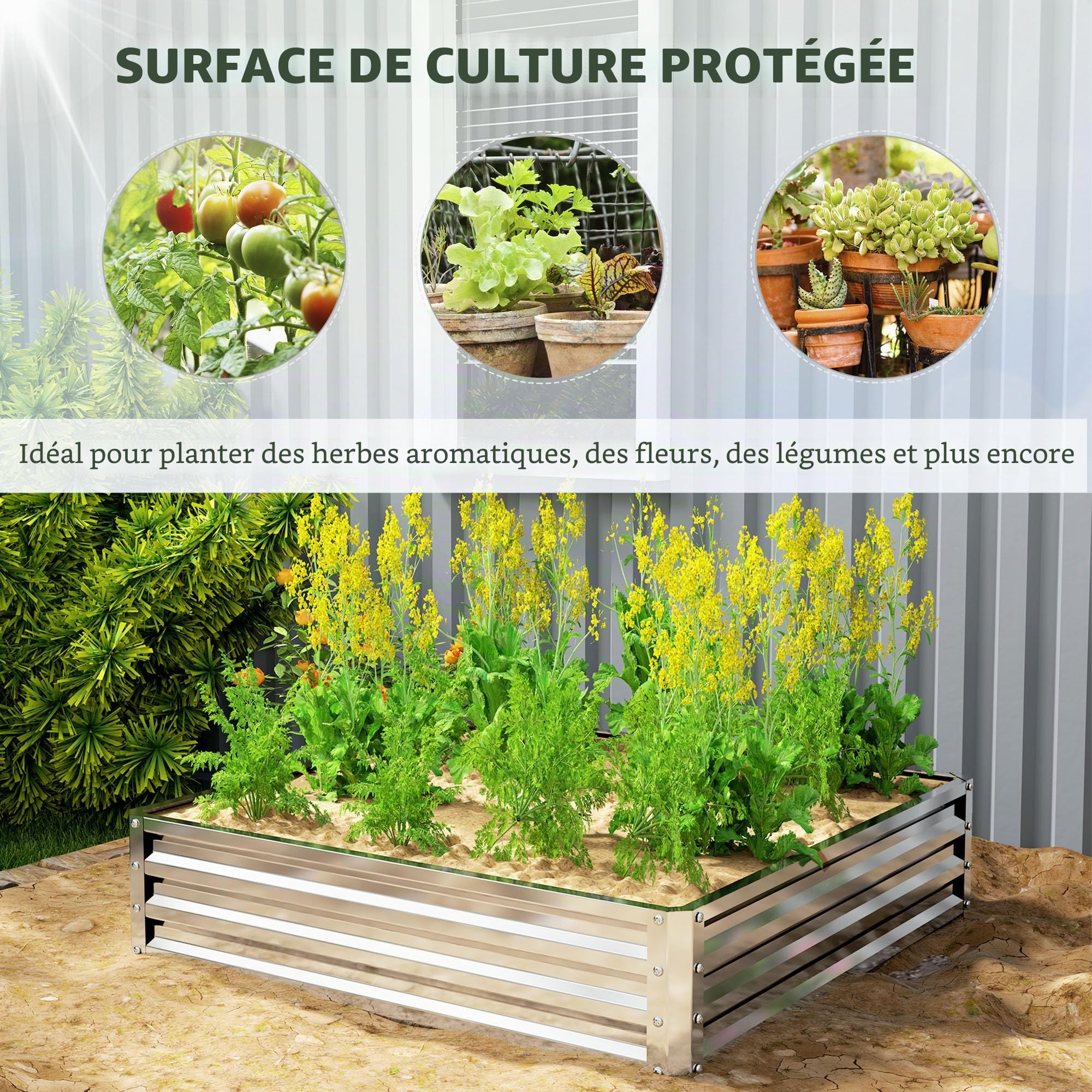 Outsunny Jardinière surélevée, bac à fleurs, parterre de légumes, bac à plantes, parterre d'herbes aromatiques pour jardin, terrasse, balcon, acier, argent, 120 x 120 x 30 cm