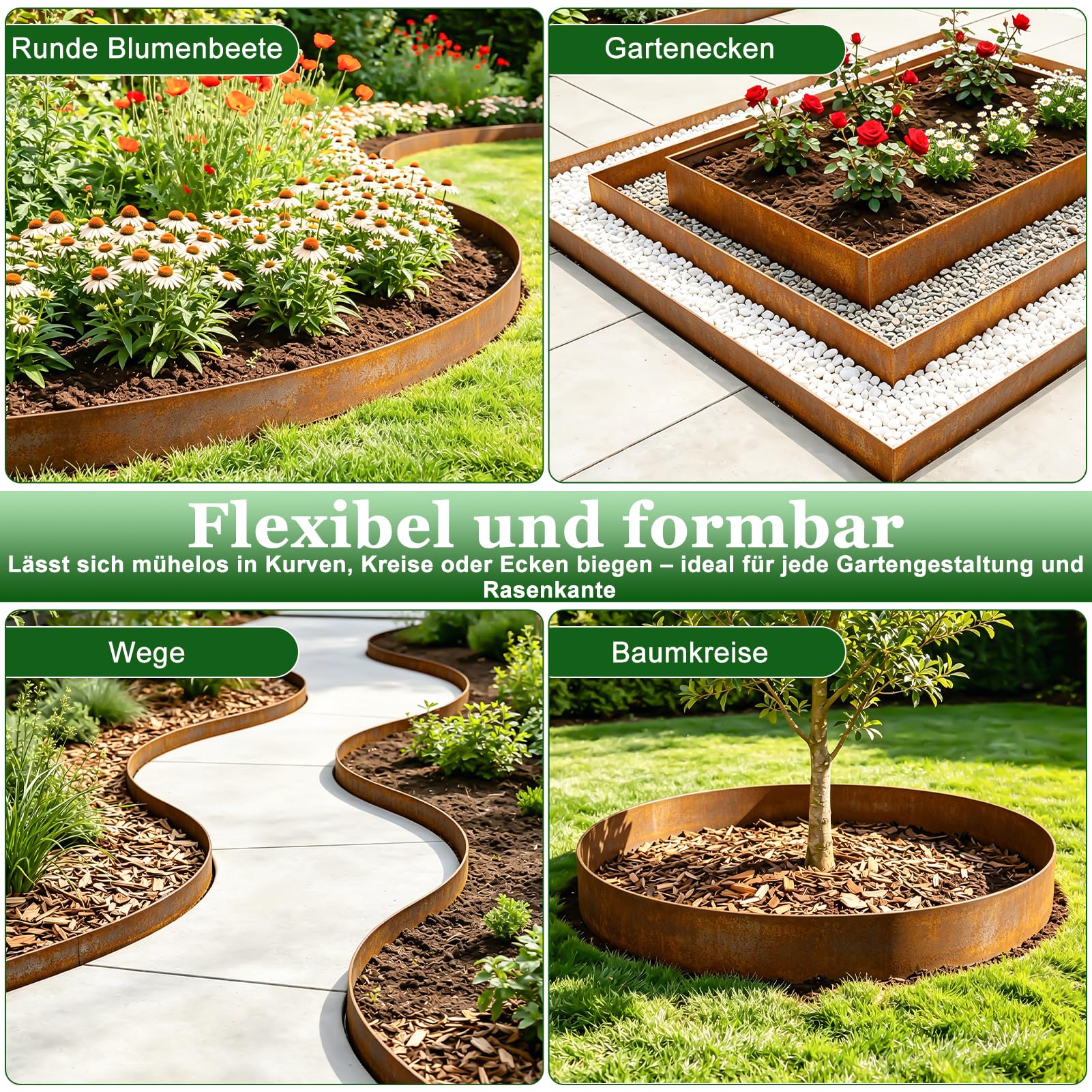 Cortenstahl Rasenkante, Beeteinfassung Metall, 10 m, 15 cm hoch, 0,6 mm