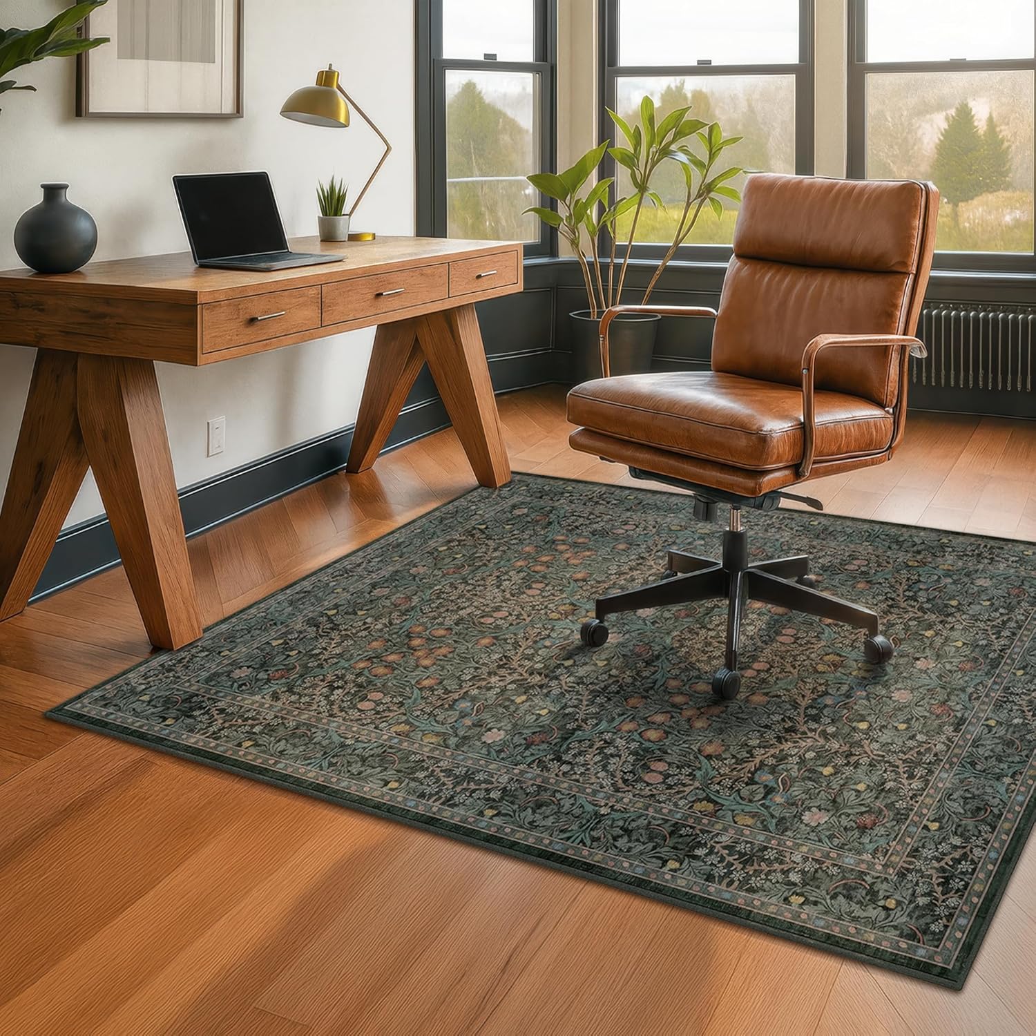 48"x60" Dark Green Office Chair Mat for Hardwood & Tile Floor, Vintage Floral Washable Under Desk Rug with Anti-Slip Backing & Ultra Soft, Floor Protector for Rolling Chairs, Stain Resistant
