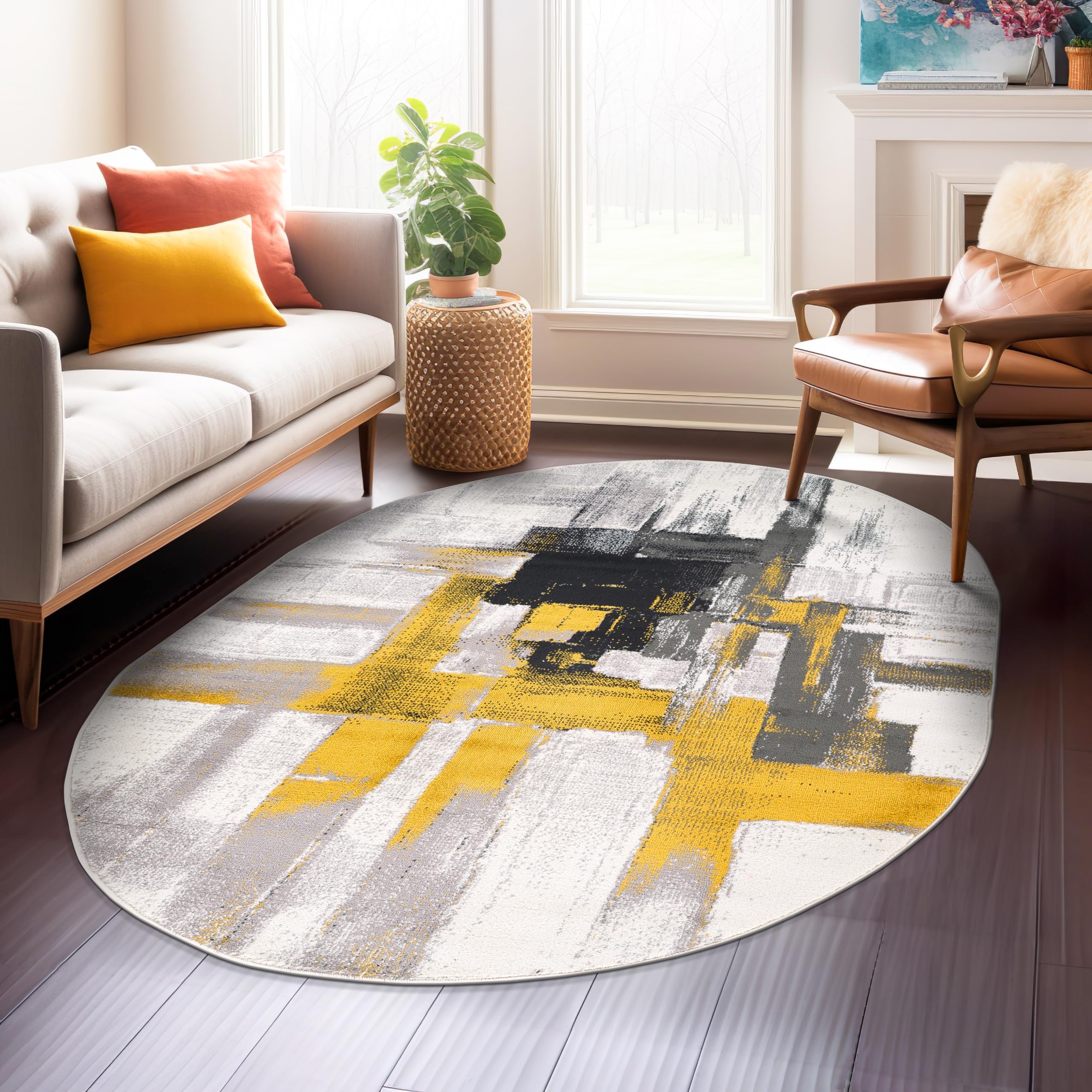 Gold Modern Abstract Oval Area Rug โ Non-Shedding for Dining Room, Living Room and Bedroom 5' x 7' Oval
