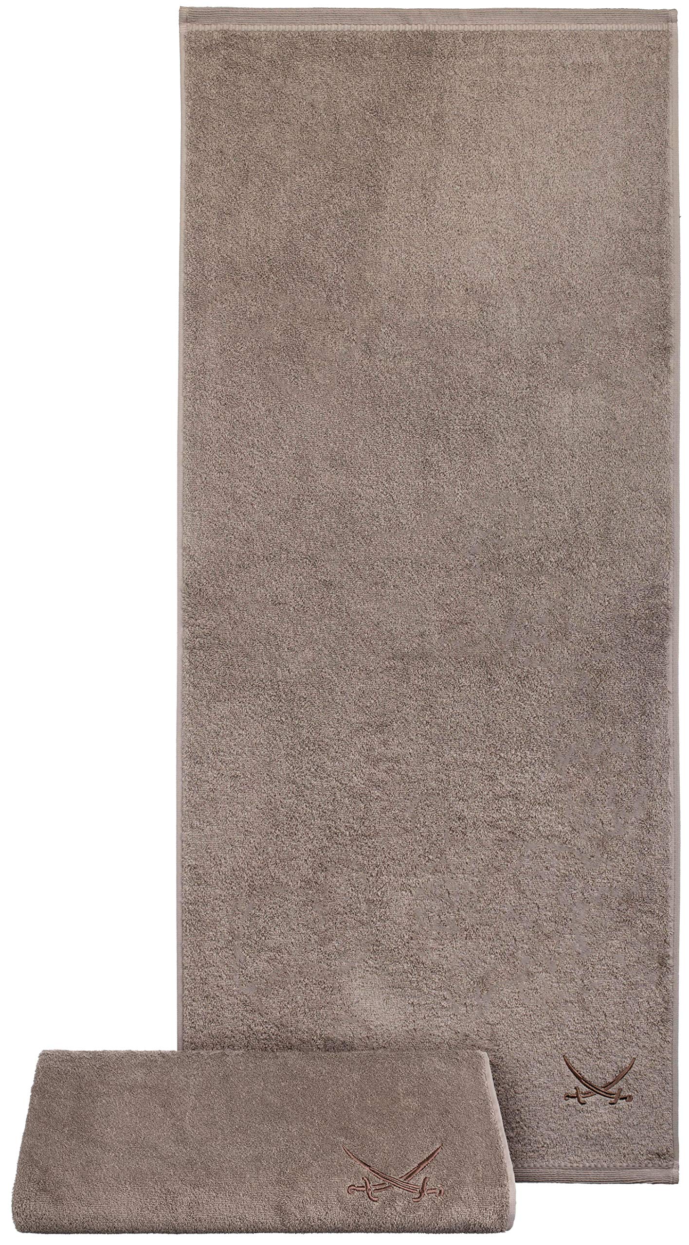Sansibar 2er Set Badetuch 90x180 cm – saugstarkes Strandtuch/Saunatuch aus Baumwolle – Oeko-TEX zertifizierter Frottee – Sylt-Design mit gesticktem Säbel-Logo – Taupe