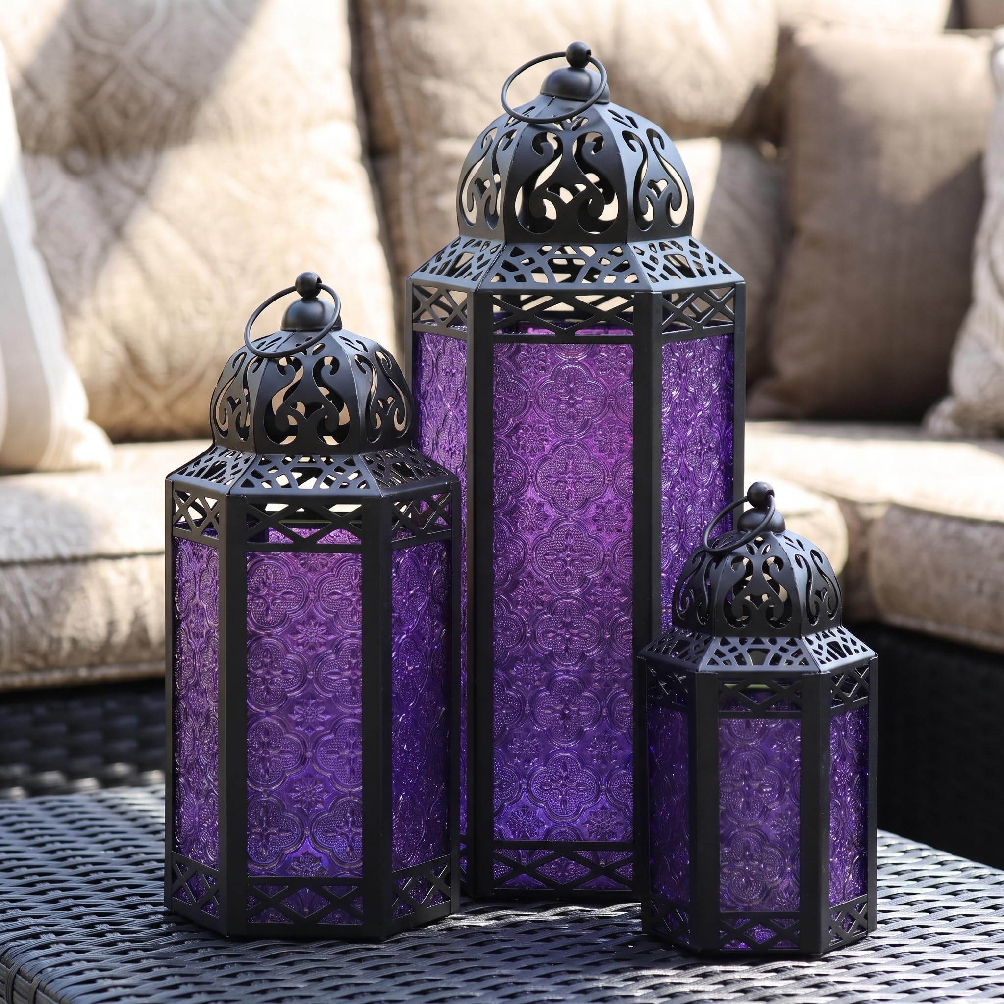 Vela Lanterns Zestaw 3 lampionów marokańskie świeczniki dekoracyjne na podłogę Ramadan dekoracja wnętrz dekoracja domu na zewnątrz patio ganek Halloween ślub fioletowy kolor