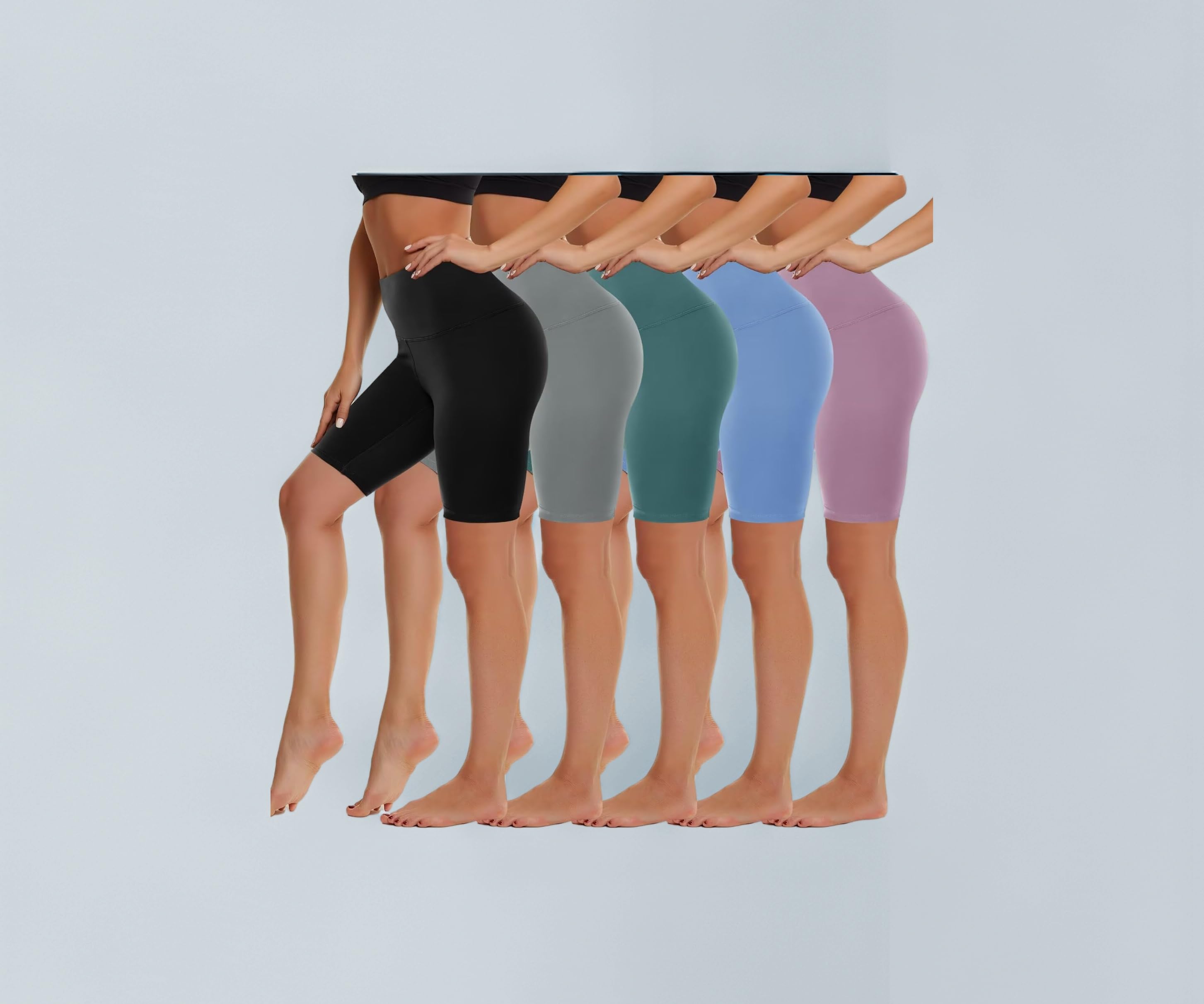 HIGHDAYS 5 Pack High Waist Biker Shorts for Women - 8" Buttery Soft Spandex Workout Yoga Running Athletic Shorts, Black/Light Grey/Blue/Ins Green/Pink, Large-X-Large