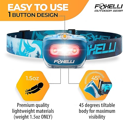 Miniatura 2 de Foxelli Linterna LED para adultos y niños, correr, campamento, senderismo con luz blanca y roja, faro ligero impermeable con diadema cómoda, 3 pilas