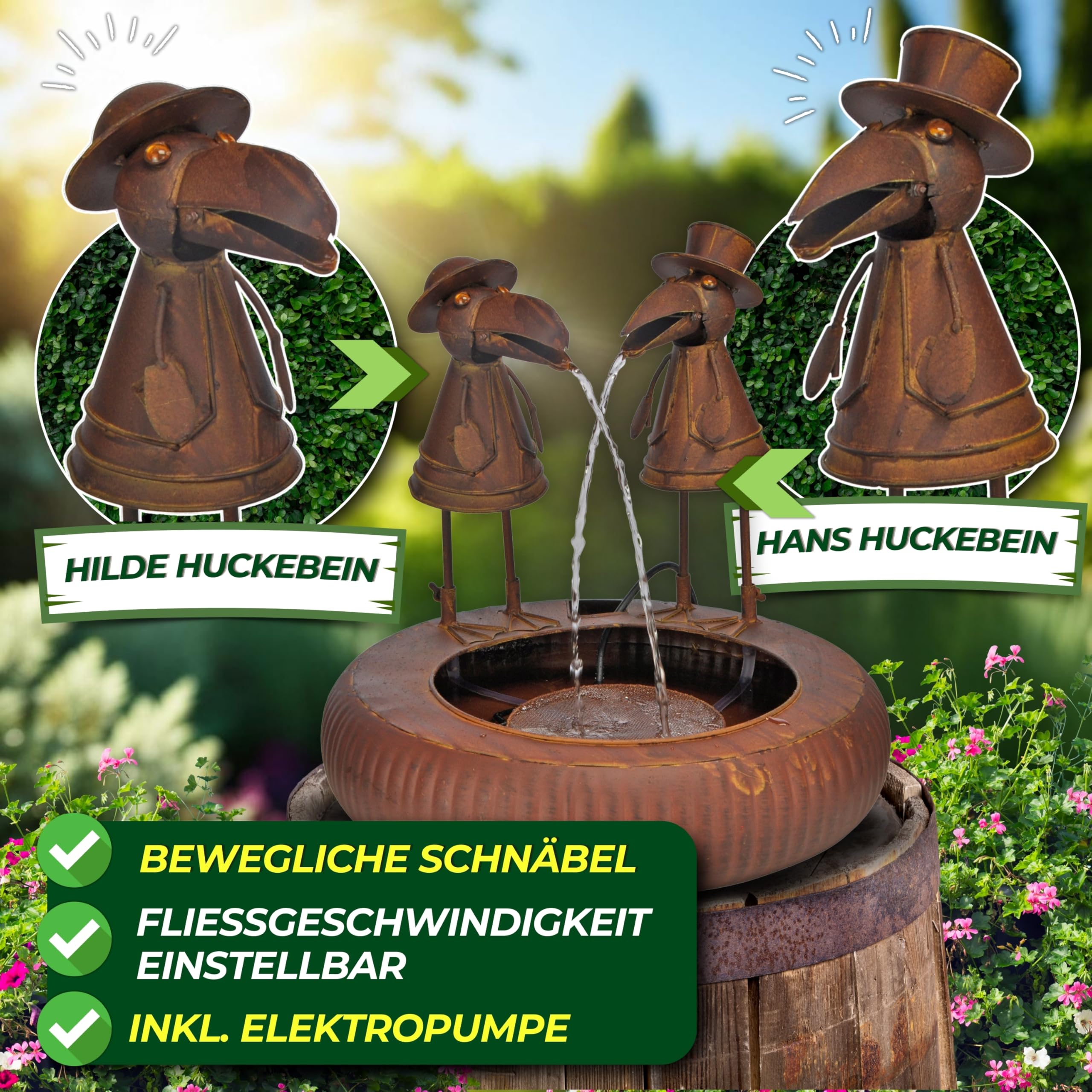 Schauer Metallbrunnen mit Zwei Raben – Wasserspiel in Rostoptik – Gartenbrunnen, Wasserspeier & Gartendeko für Draußen – Zimmerbrunnen, Springbrunnen & Tischbrunnen für Garten, Terrasse & Balkon