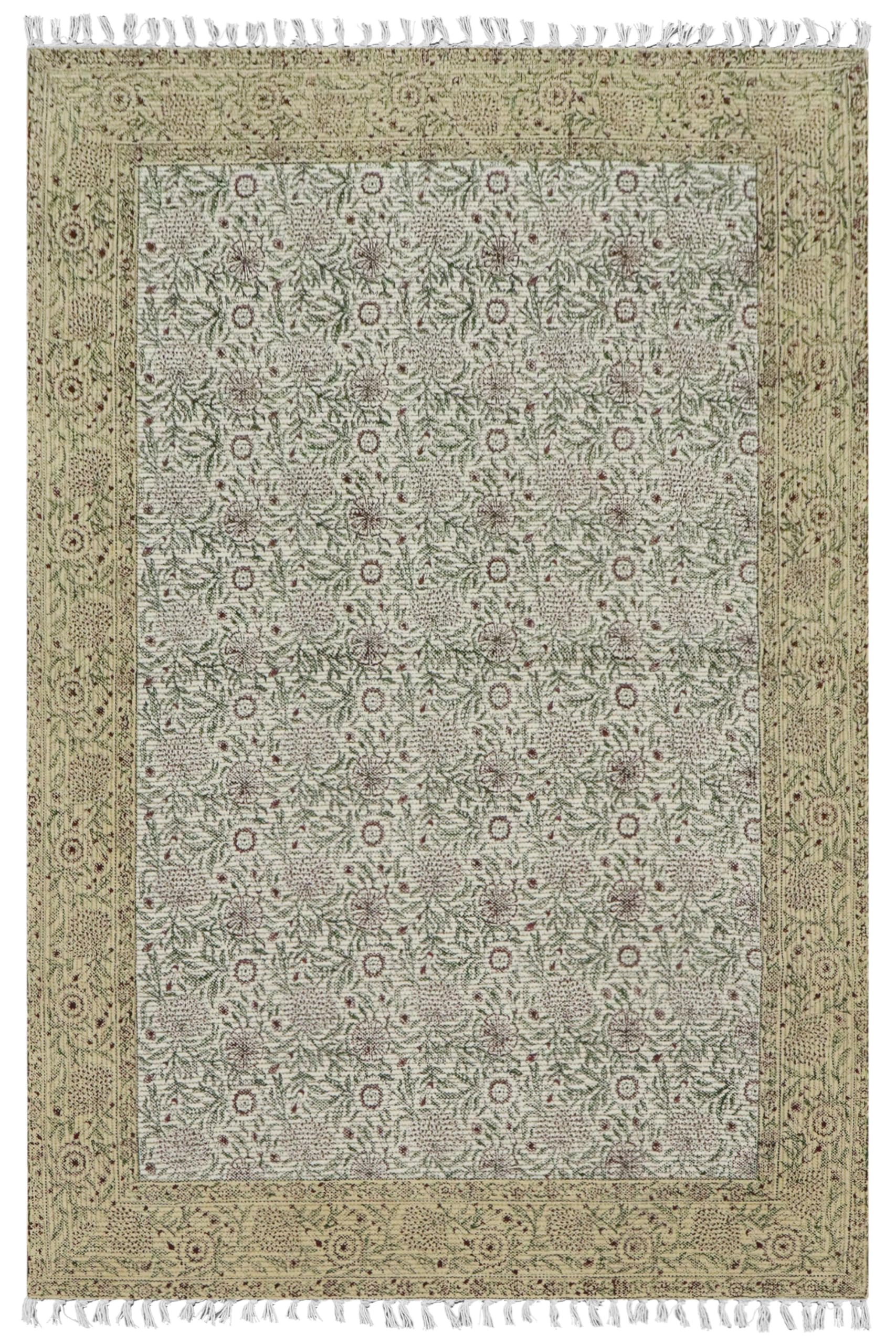 Kelim-Teppich aus Baumwolle, handbedruckt, 3 m, quadratisch, waschbar, 0,5 cm, Handwäsche, Flachgewebe, Braun und Beige, Blumenmuster, für drinnen und draußen, für Küche, Yoga