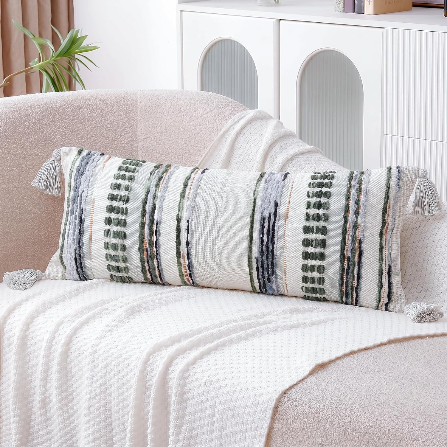 NUYECY Chenille and Cotton Long Pillow for Bed, Striped Textured Boho Lumbar Throw Pillow Cover 14x36, Neutral Accent Decorative Extra Long Body Pillow Case for Couch, Sofa, Bedroom, Sage Green image 5