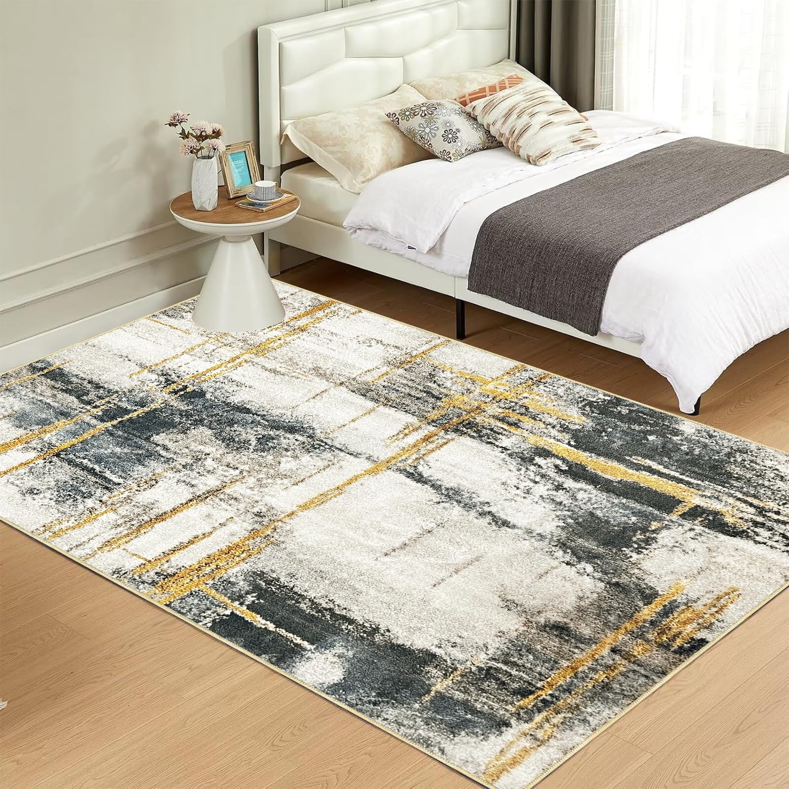 Tapis Antidérapant Salon Moderne, Tapis Doux Lavable en Machine, Tapis Poil Ras Agréablement Étre Destiné à Salon, Chambre, Salle à Manger, Beige & Gris, 200x290cm