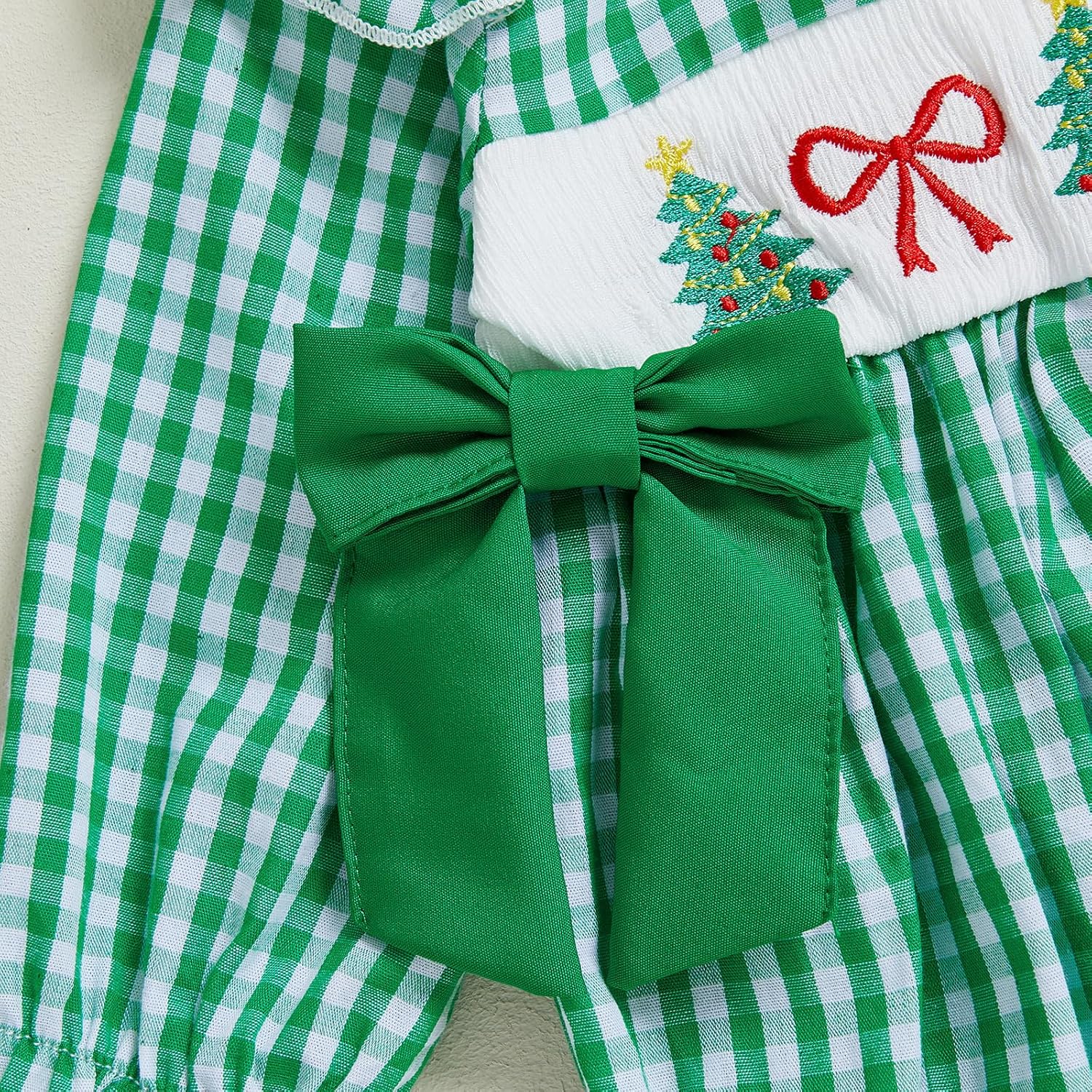 Baby Girl Christmas Outfit Santa Embroidery Bubble Romper Long Sleeve Plaid Ruffle Onesie Christmas Clothes - Image 5