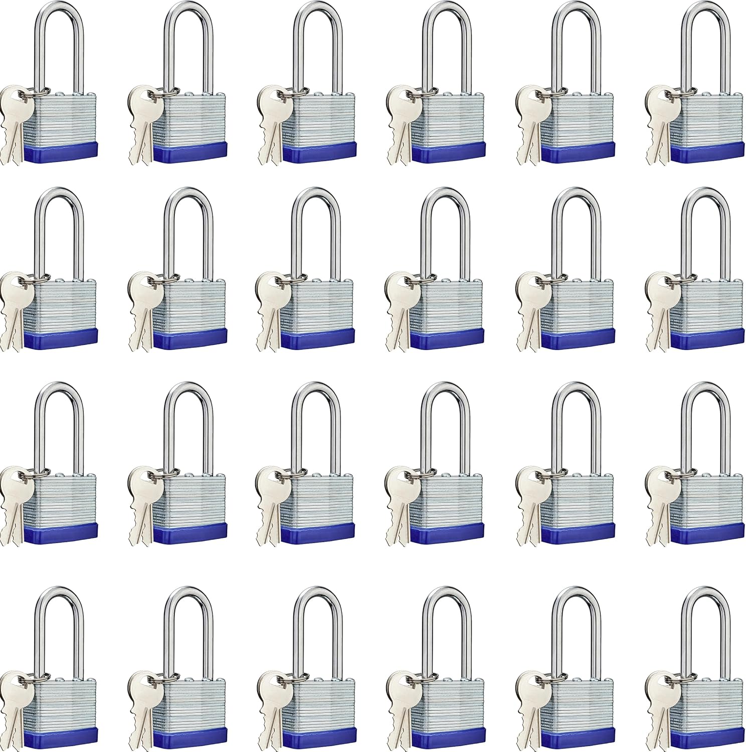 Lock Outdoor Padlocks, Laminated keyed Padlock, 1-9/16 in Wide Body, Padlock Set with Keys, Long Shackle (24Pack)