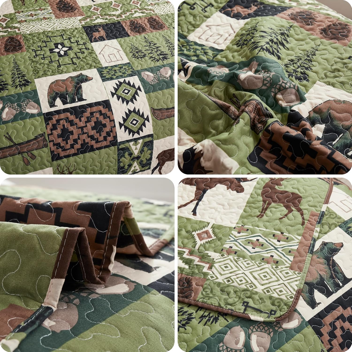 Oliven 3 Pcs Cabin Bedding Quilt Full/Queen Size Lodge Moose Bear Quilt Set Green Brown Patchwork Rustic Bedspread Forest Coverlet All Seasons Plaid Bed Cover with Pillow Shams - Image 4