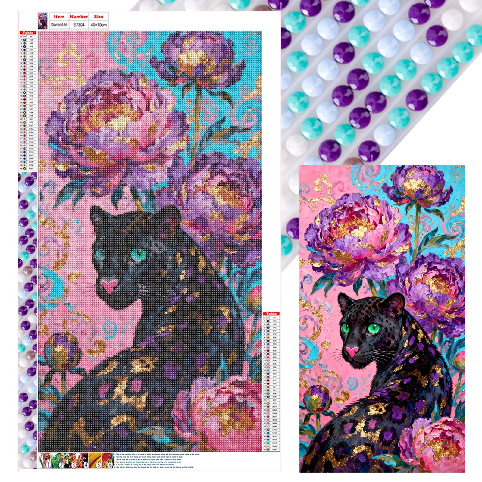 Poetrydraw Black Panther And Flower Black Panther 5D Round Drill Diamond Art Kit For Adults & Beginners, 40X70cm, Home Decor & Gift, Large Size