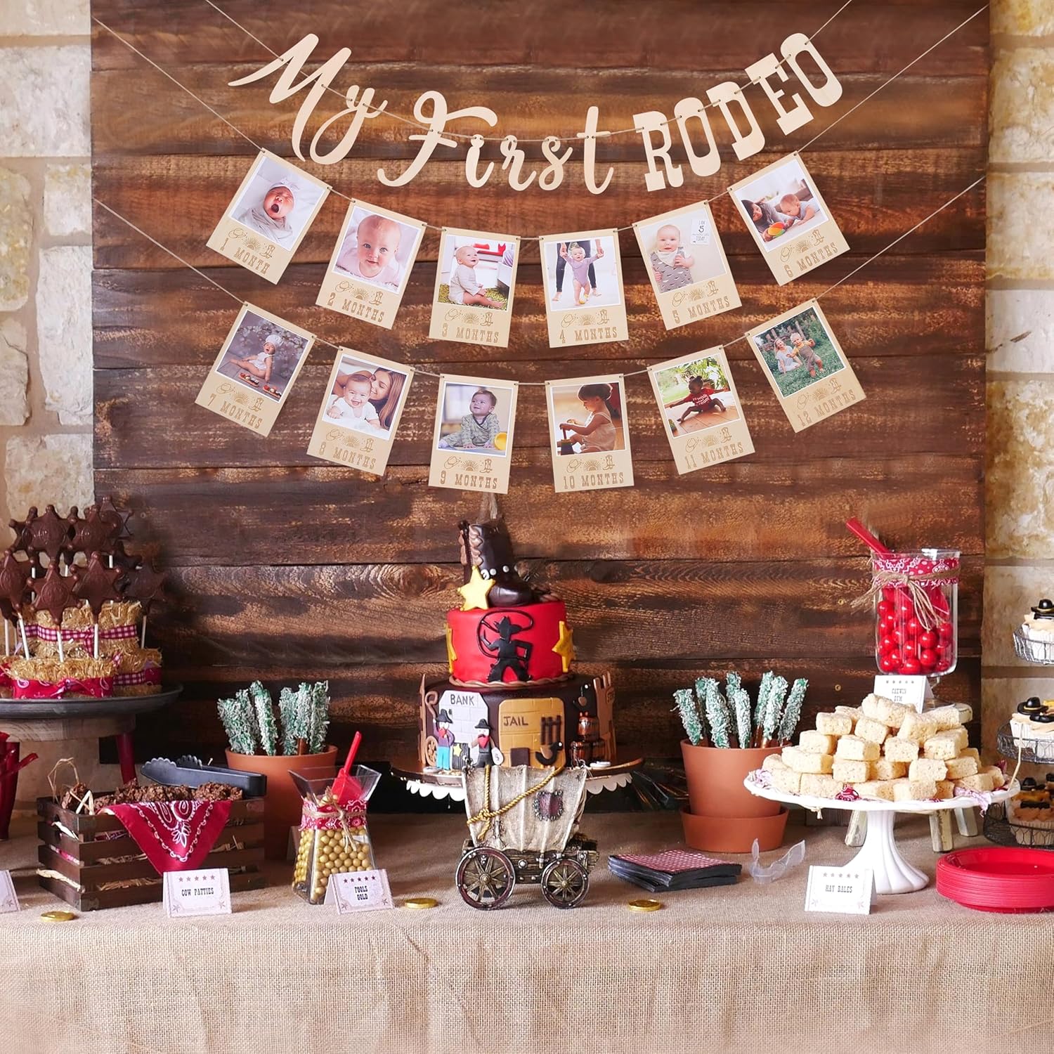 My First Rodeo Banner-Wooden Rodeo Theme Party Decoration,Monthly Photo Banner First Birthday Garland,12 Month Photo Banner,Milestone banner For Cowboy Party