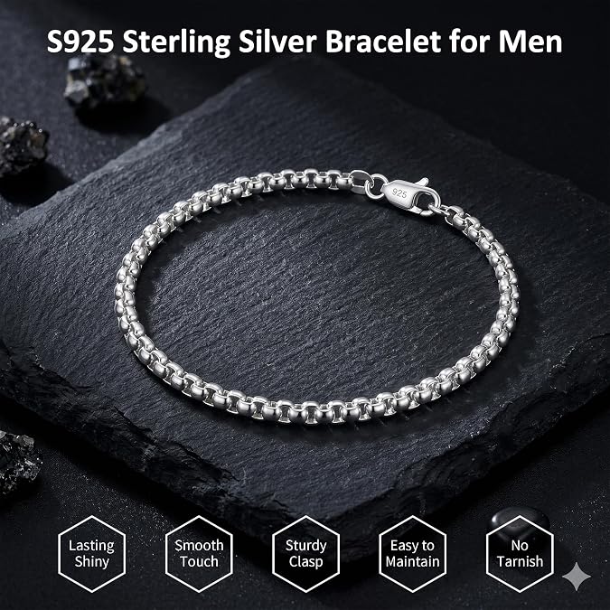 HIMSTORY Silver Bracelet for Men 4mm Round Sterling Silver Over Box Chain