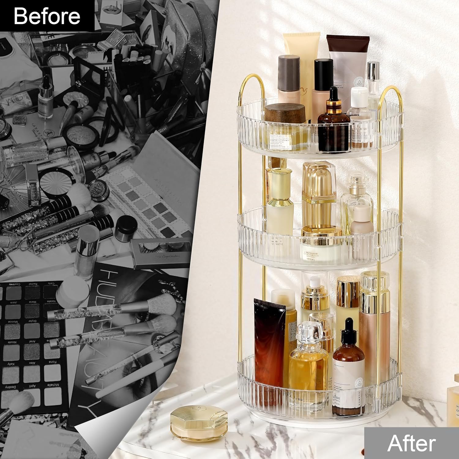 360 Rotating Makeup Organizer for Vanity, Bathroom Countertop Spinning Perfume Organizer, High-Capacity Cosmetic and Skincare Dresser Make Up Holder Rack (3 Tiers, White) - Image 2