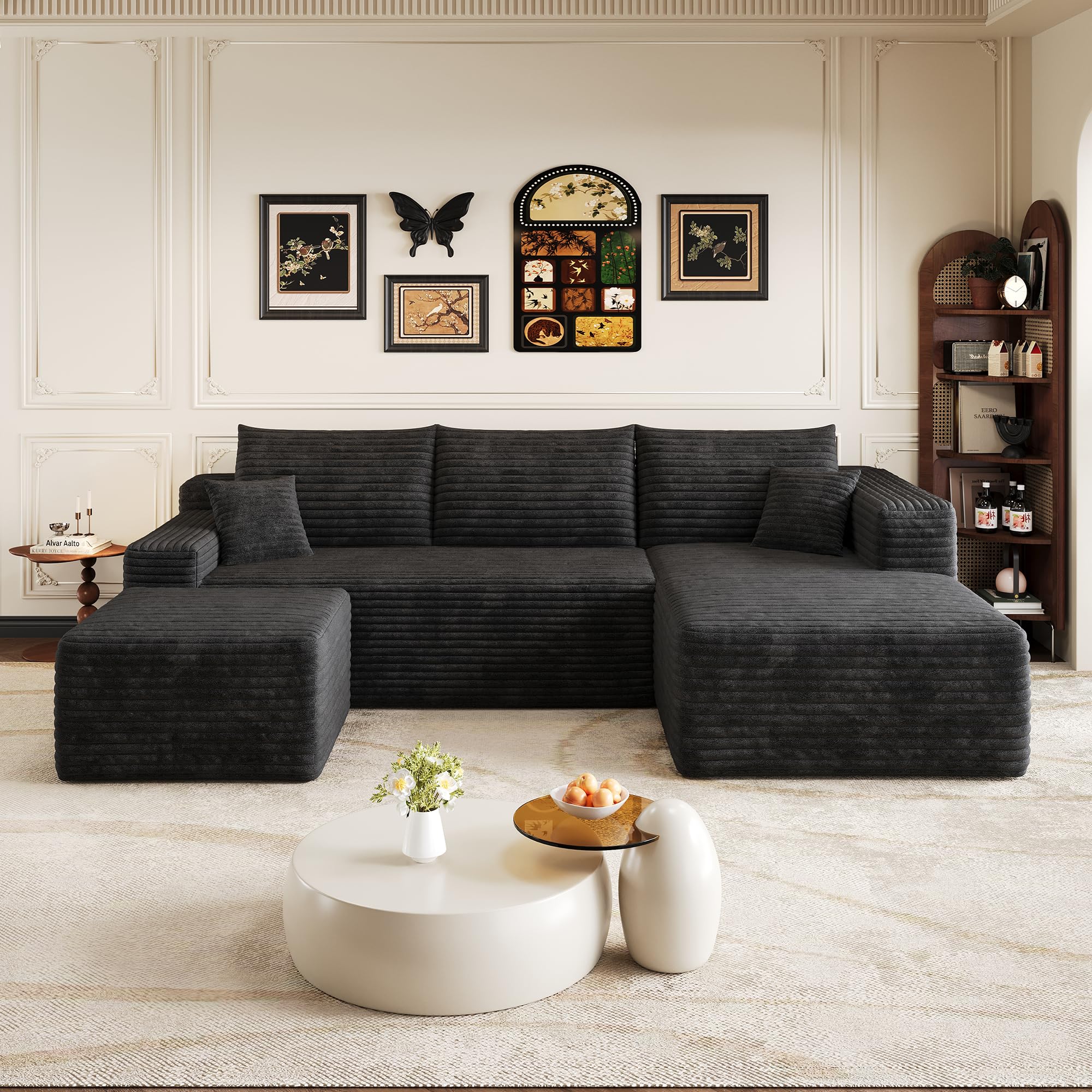 Boneless - Sofá esquinero modular con taburete, sofá de esquina en forma de U sin montaje, sofá tapizado de pana combinable, negro de 3 plazas+1, negro (Black-Right-U, 4)