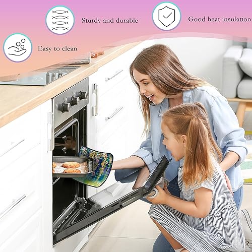 Miniatura 5 de Guantes de cocina abstractos florales para acuarela, guantes de cocina y soportes para ollas de cocina, juego de 2 piezas, almohadilla resistente al