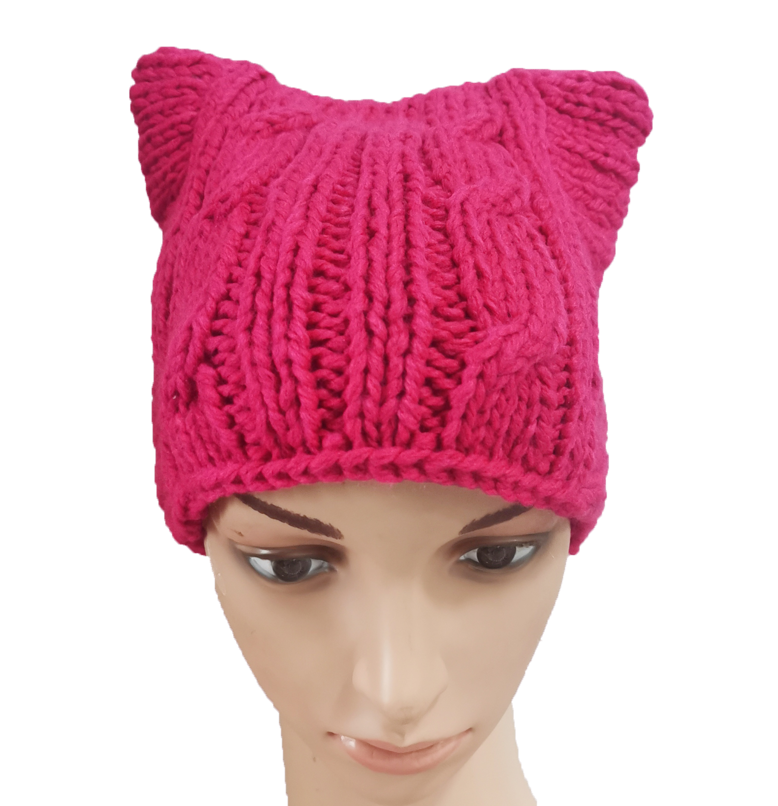 Bonnet Tricoté Fait Main 'Pussy Hat' Rose - Message 'Love Trumps Hate' - Neuf Sans étiquette
