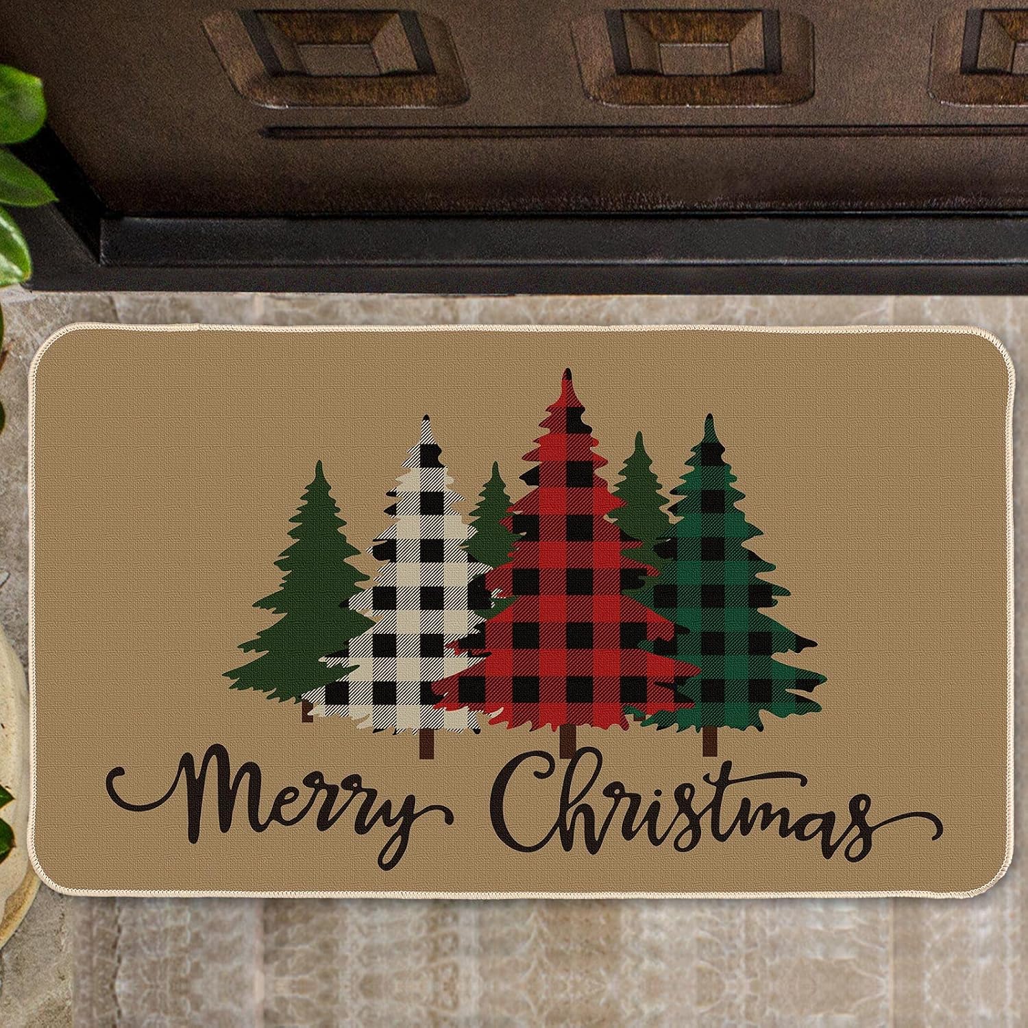 Merry Christmas Door Mat Rug Decorative Doormat Winter Snowman Welcome Floor Mat Non Slip Washable Bathroom Kitchen Entrance Rug for Indoor Outdoor Home Decor, 16 x 28 Inch (Plaid Tree Style)